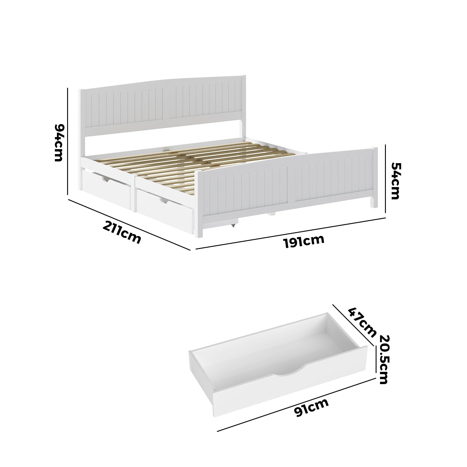 Oikiture Wooden Bed Frame King Size Base with Trundle Storage Drawers White