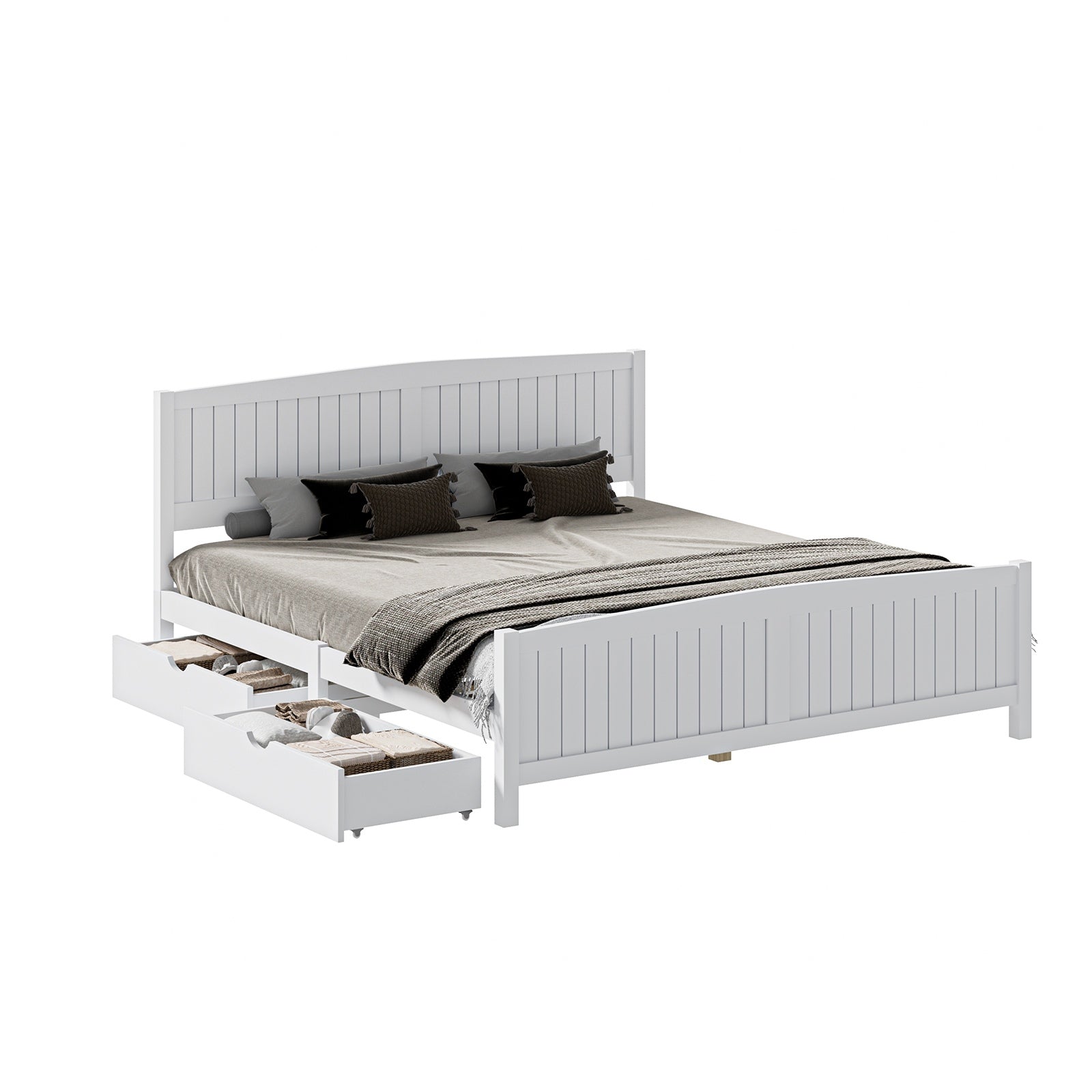 Oikiture Wooden Bed Frame King Size Base with Trundle Storage Drawers White