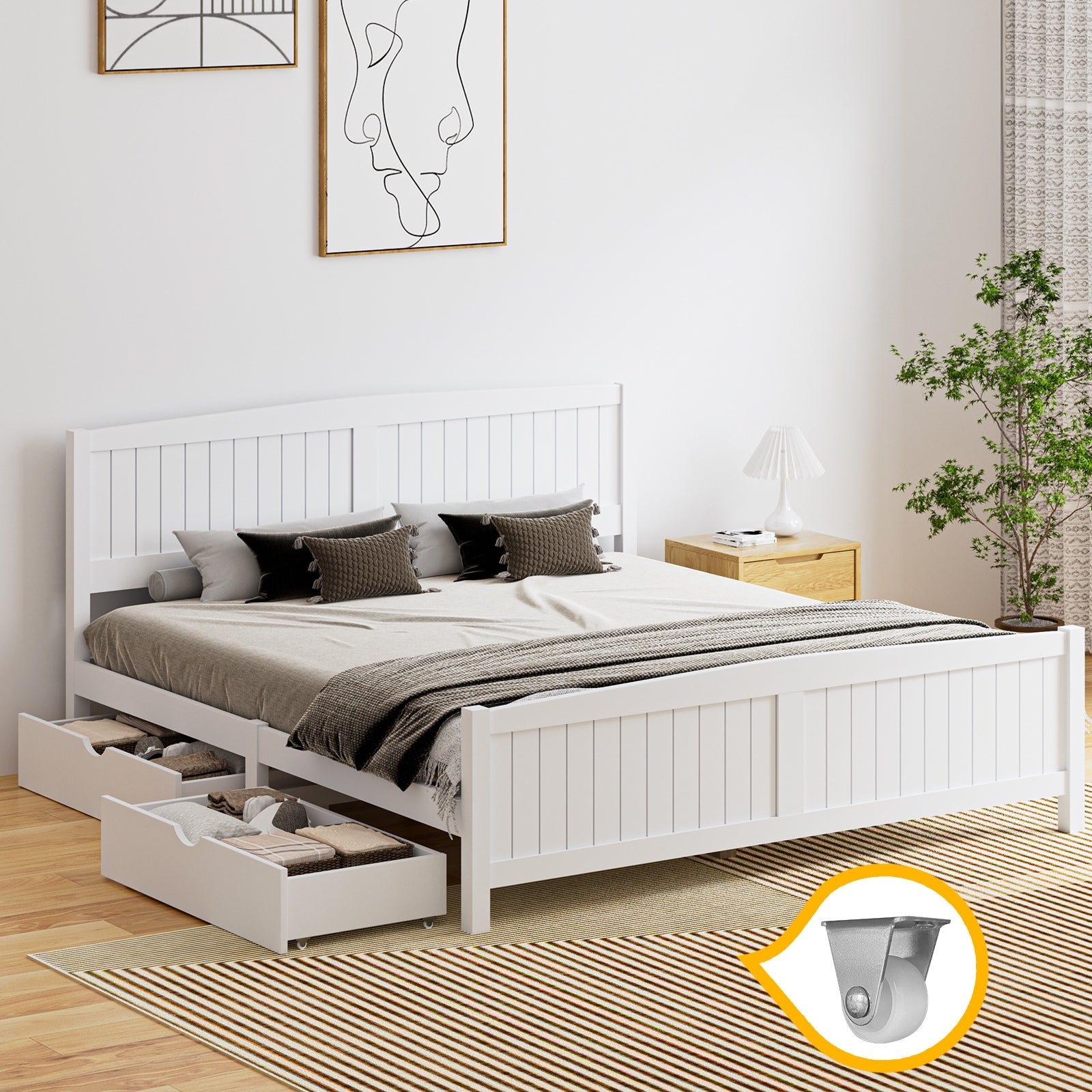 Oikiture Wooden Bed Frame King Size Base with Trundle Storage Drawers White