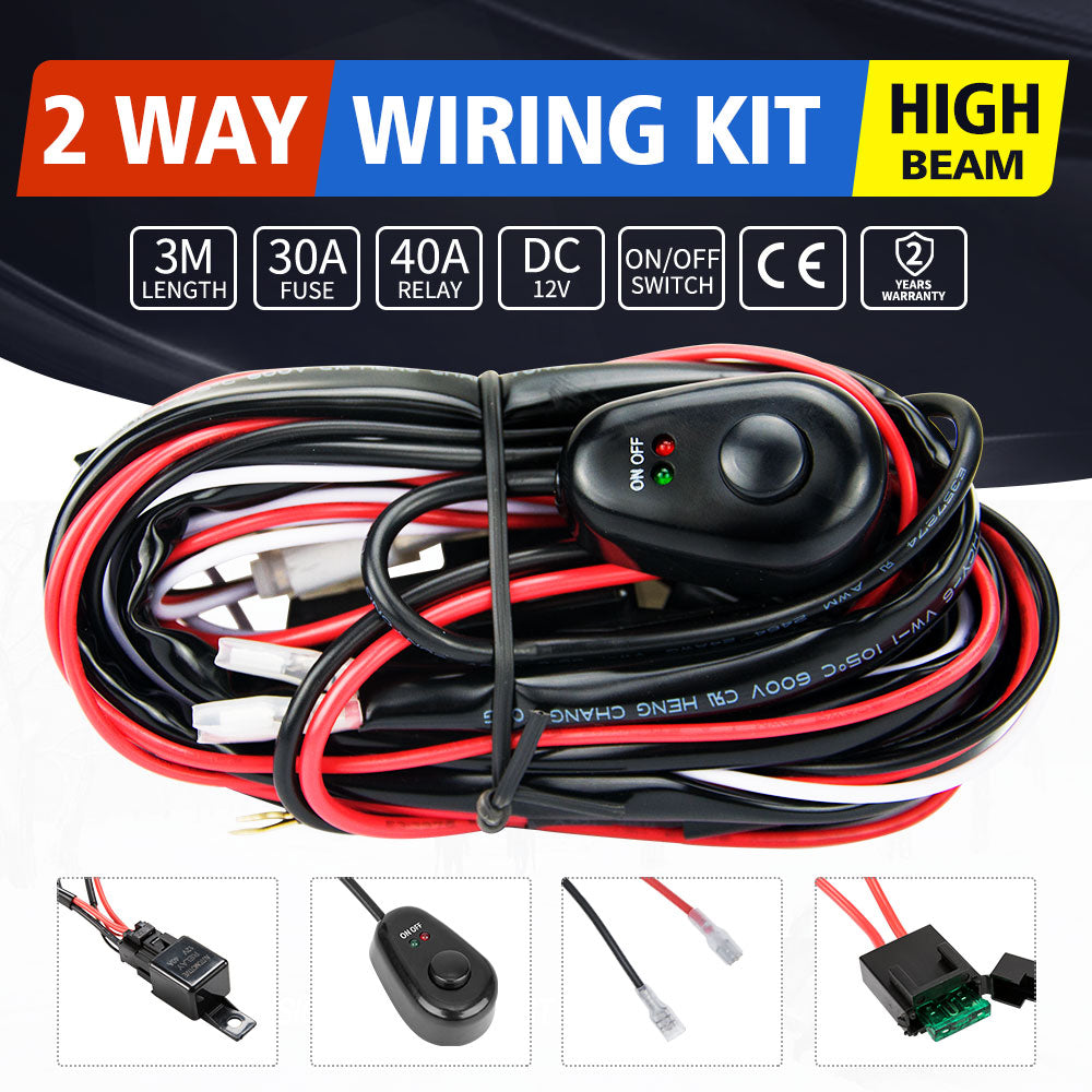 2-Way High Beam Wiring Loom Harness Kit LED Work light bar 12V 30A Fuse 3M