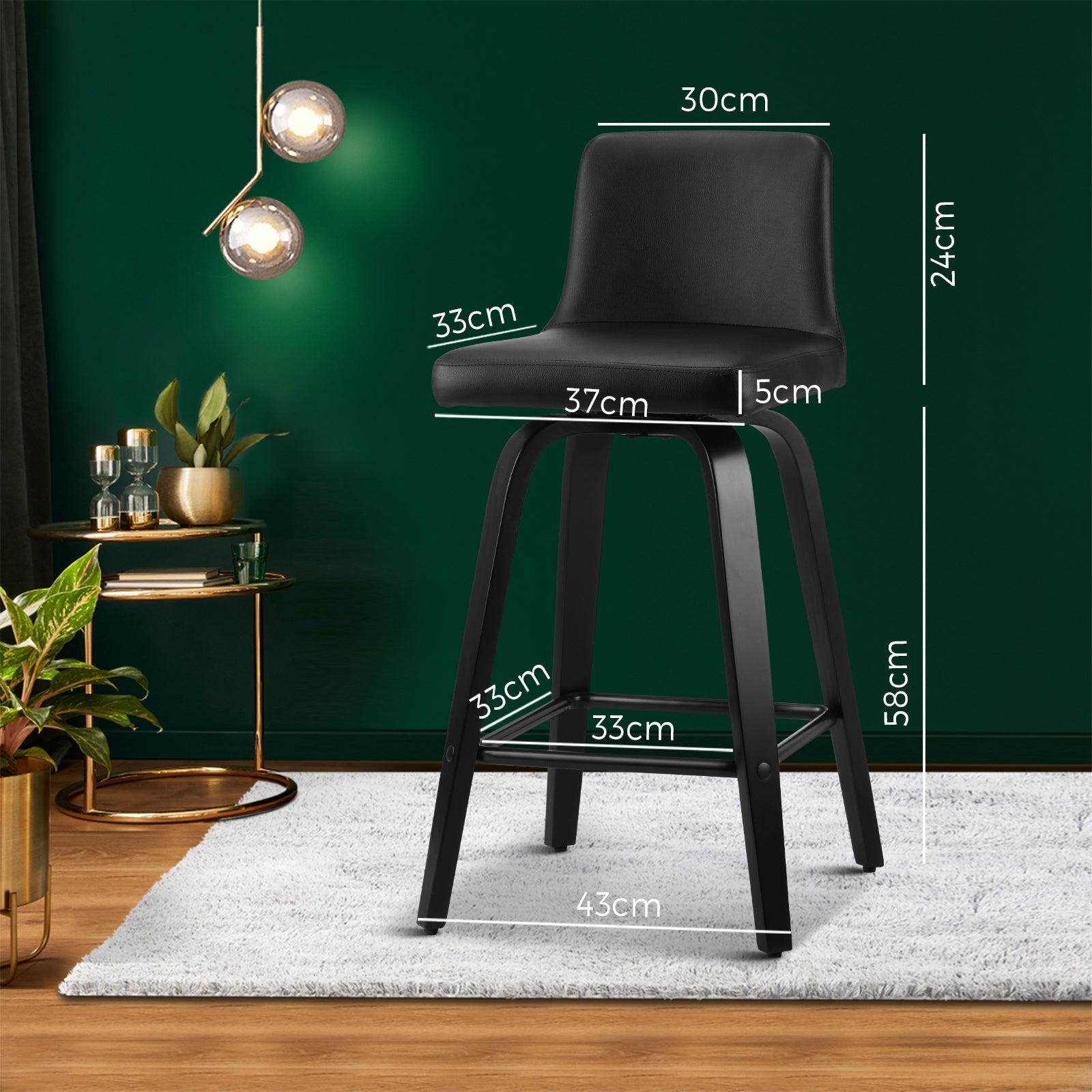 Oikiture 2x Bar Stool Swivel Kitchen Wooden Dining Chair Barstools PU Leather Black