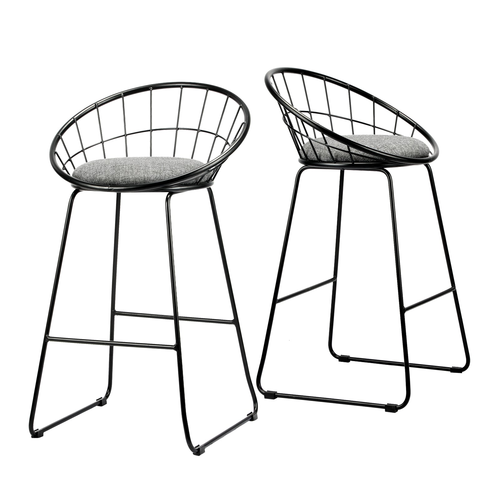 2x Oikiture Bar Stools Metal Bar Stool Kitchen Chairs Grey Fabric Metallic Black