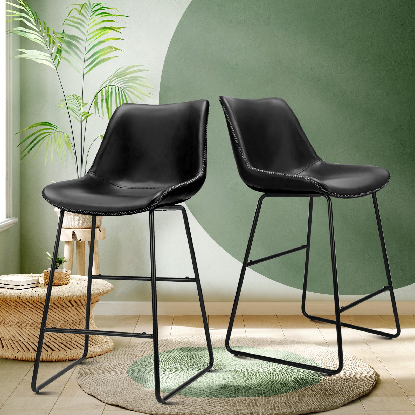 2x Oikiture Bar Stools Metal Bar Stool Kitchen Dining Chairs PU Leather Black