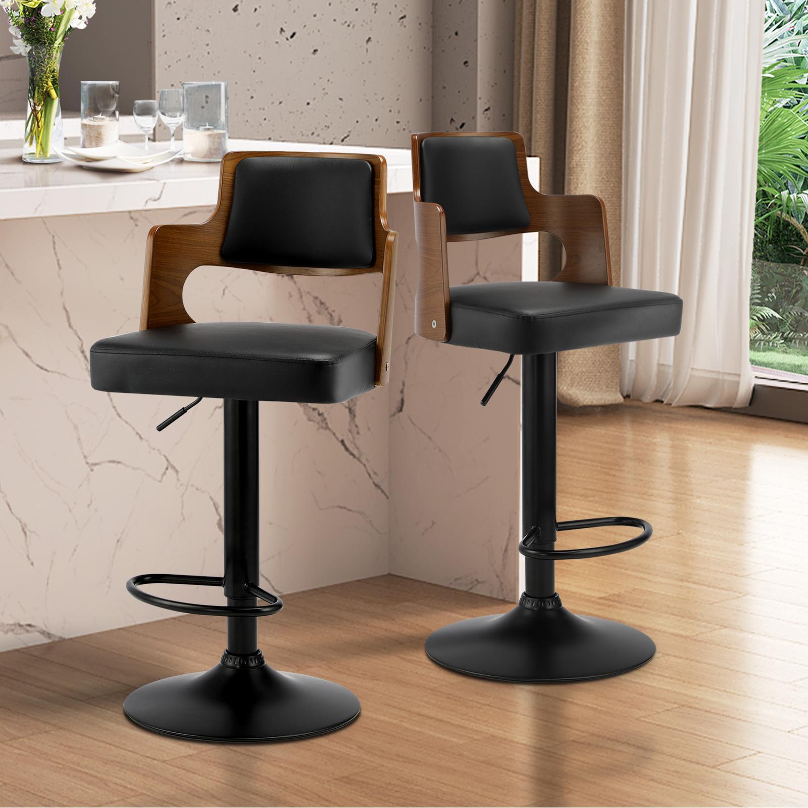 Oikiture Wooden Bar Stools Kitchen Gas Lift Barstool Swivel Chairs PU Leather ×2