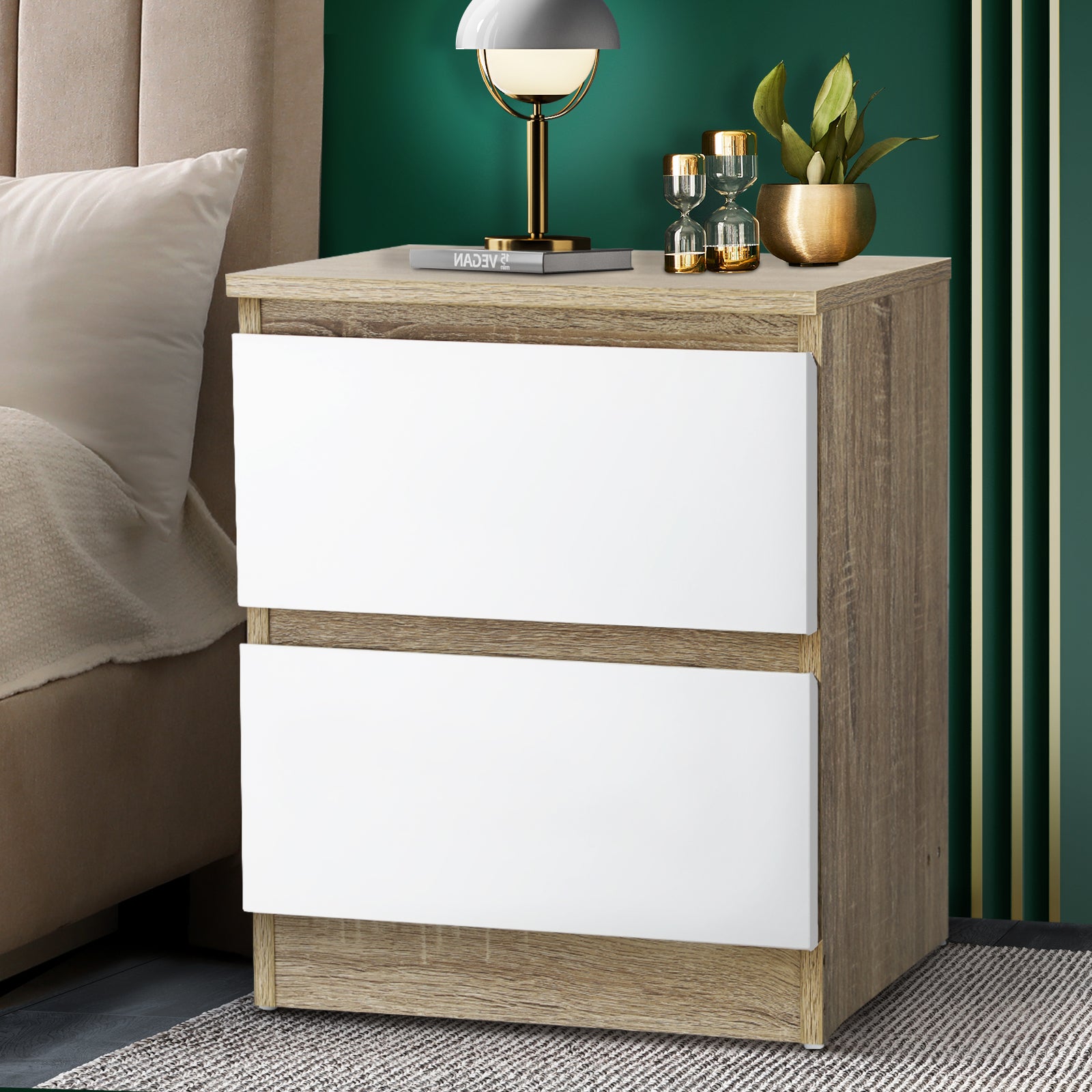 Oikiture Bedside Table 2 Drawers Side Table Nightstand Storage Cabinet Bedroom