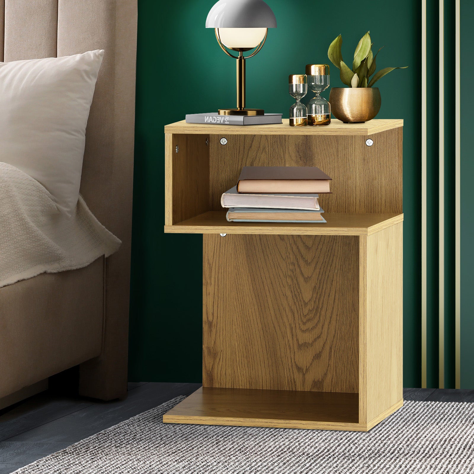 Oikiture Bedside Tables Side Table 2 Layers Bedroom Storage Cabinet Shelf Wood