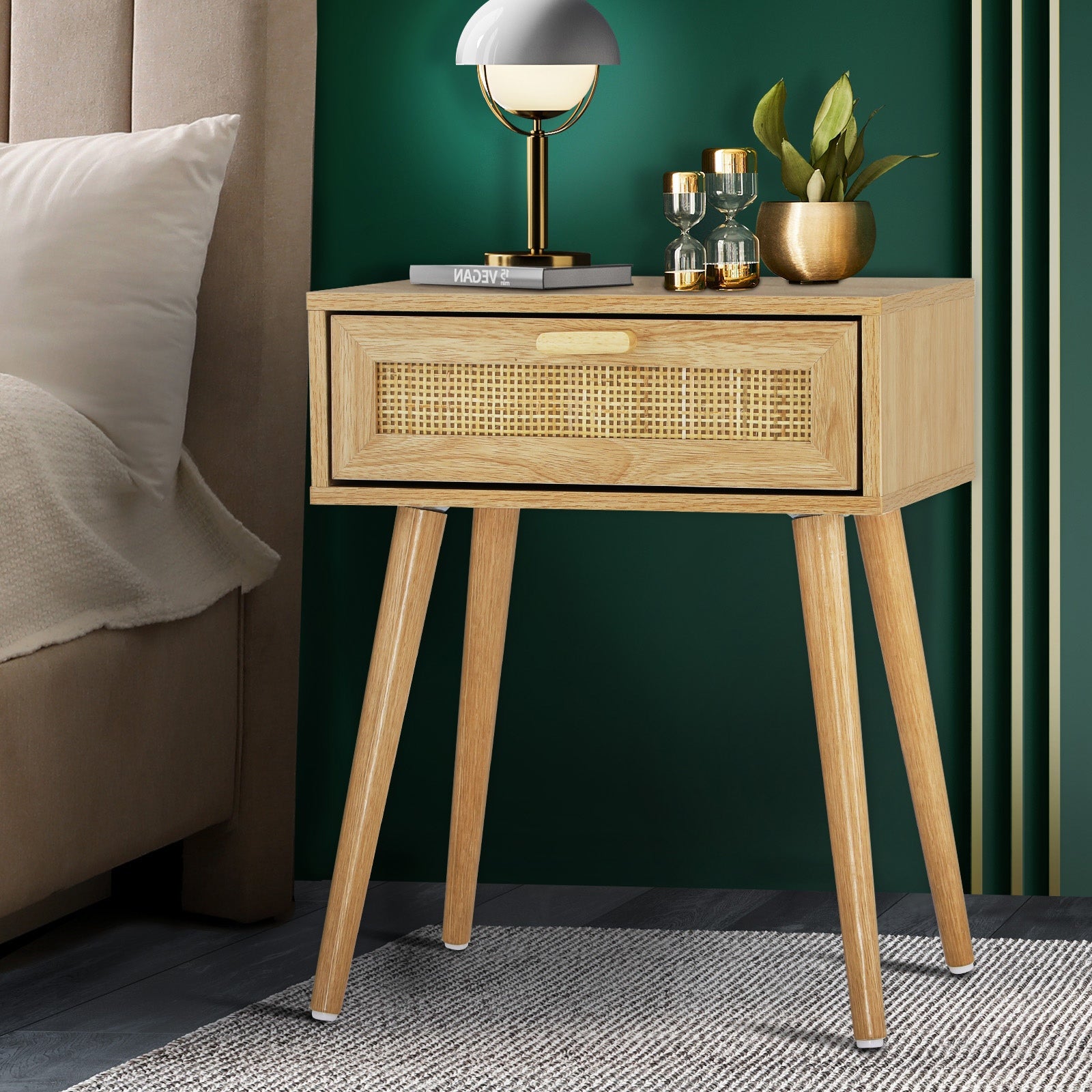 Oikiture Bedside Tables Drawers Rattan Wood Storage Cabinet Nightstand Bedroom