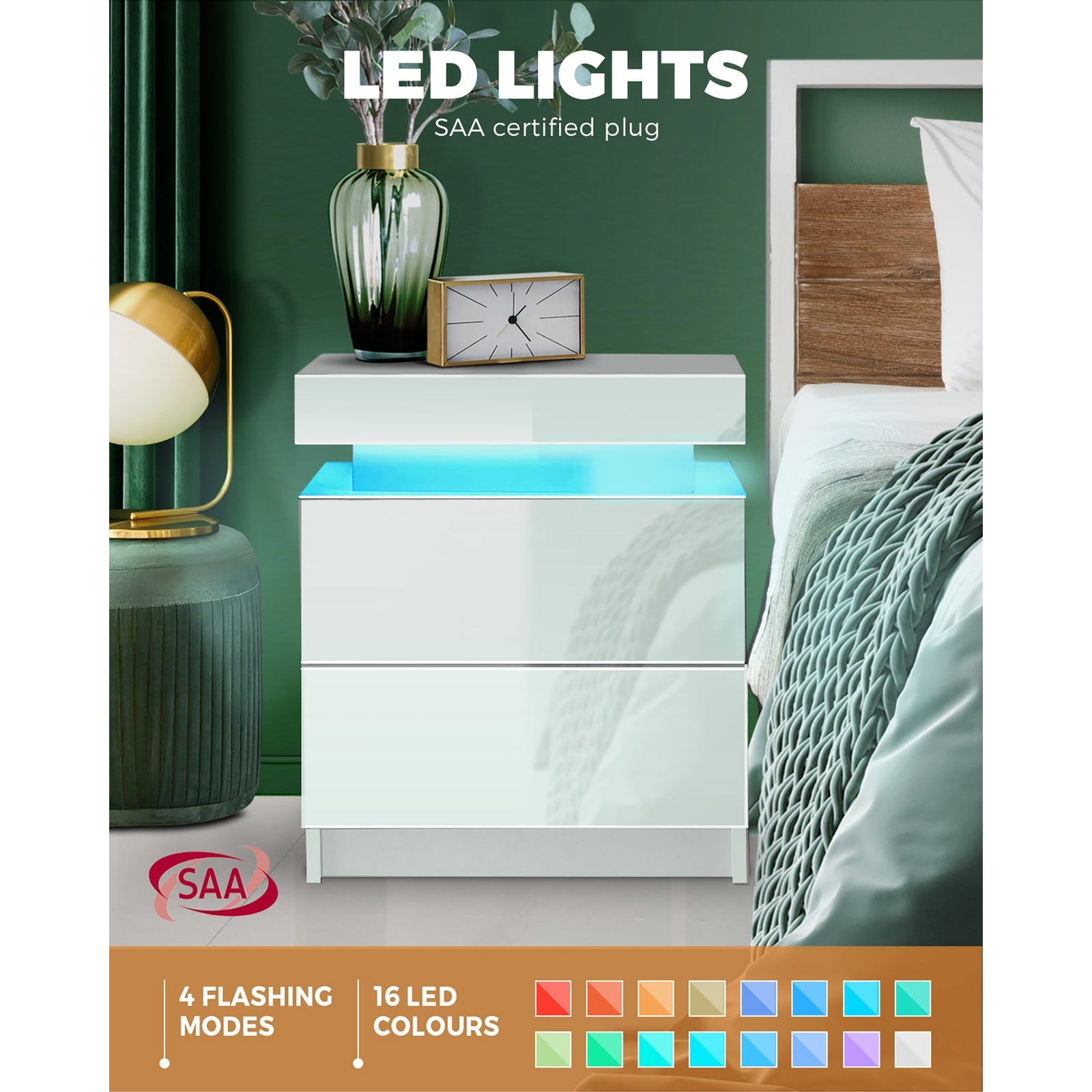 Oikiture Bedside Tables Side Table 2 Drawers RGB LED High Gloss Nightstand Cabinet