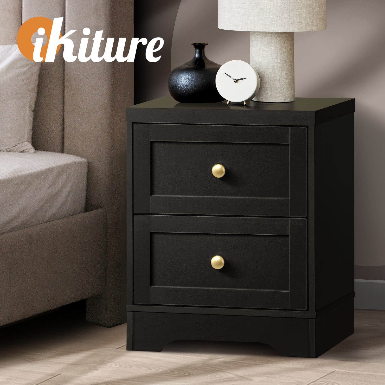 Oikiture Bedside Tables 2 Drawers Hamptons Furniture Storage Cabinet Black