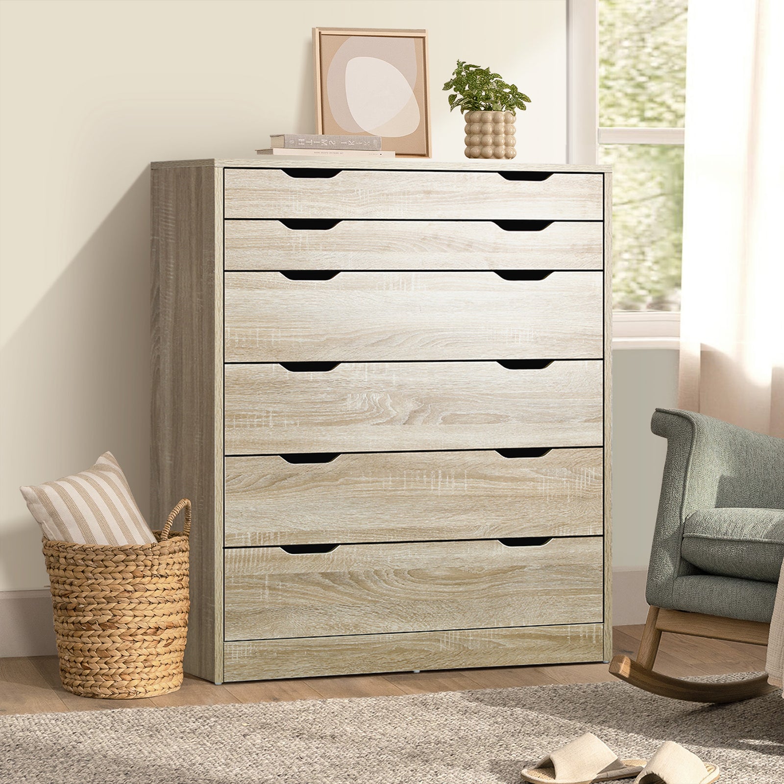 Oikiture 6 Chest of Drawers Tallboy Cabinet Bedroom Clothes Wooden Furniture