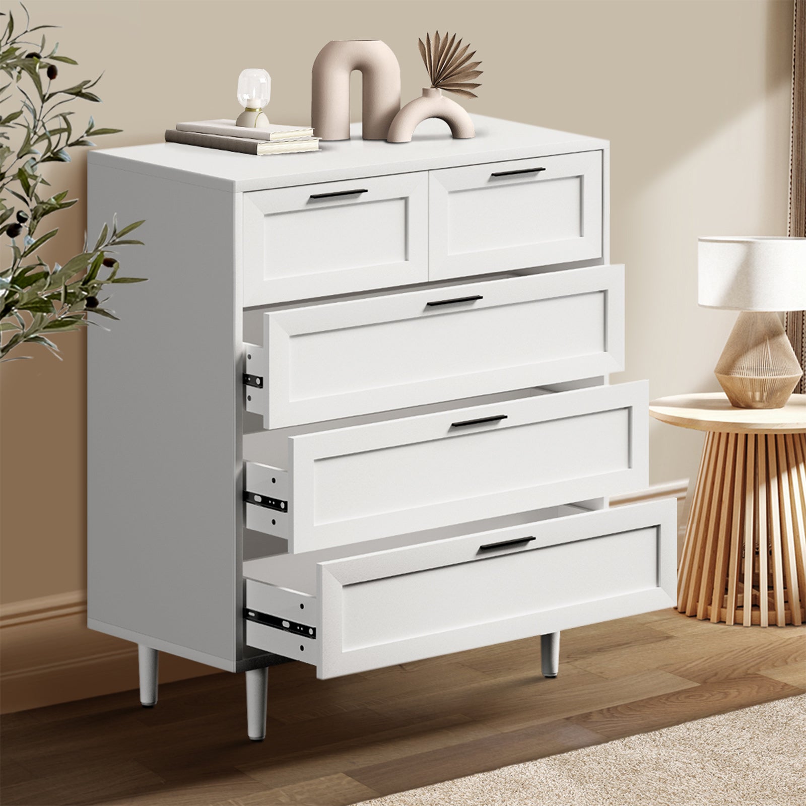 Oikiture 5 Chest of Drawers Dresser Chest Storage Cabinet Tallboy White