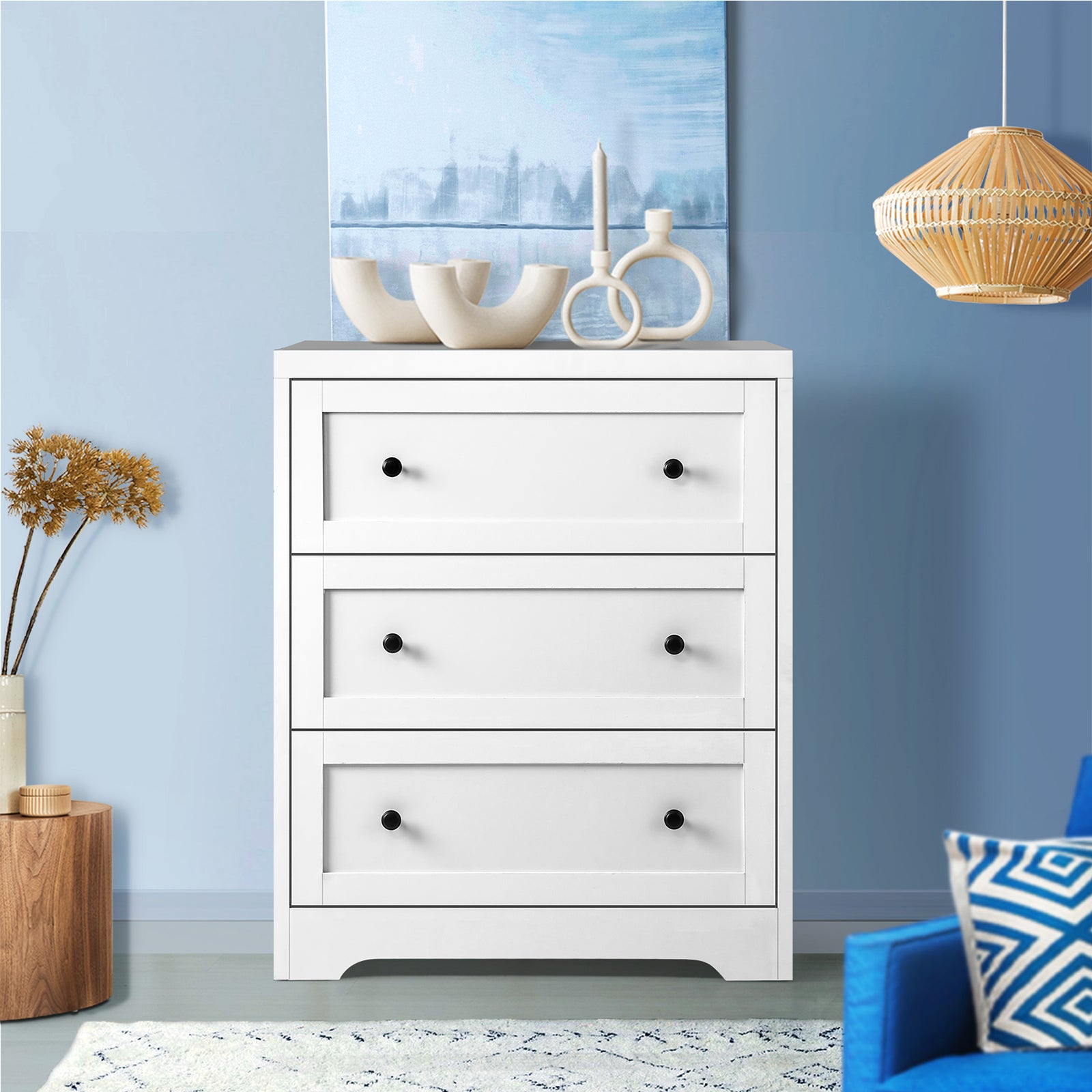 Oikiture 3 Chest of Drawers Tallboy Cabinet Bedside Table Hamptons Furniture