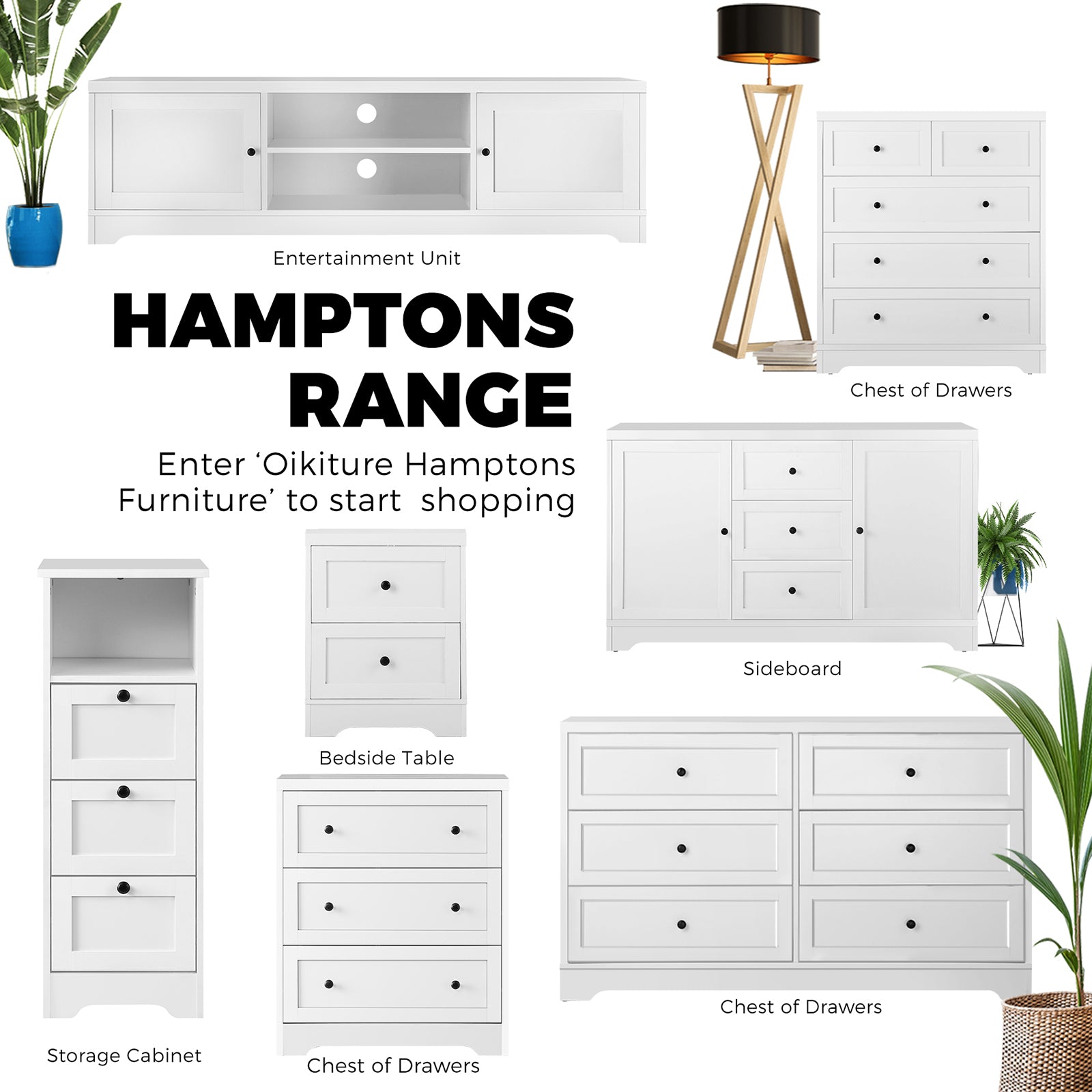 Oikiture 3 Chest of Drawers Tallboy Cabinet Bedside Table Hamptons Furniture