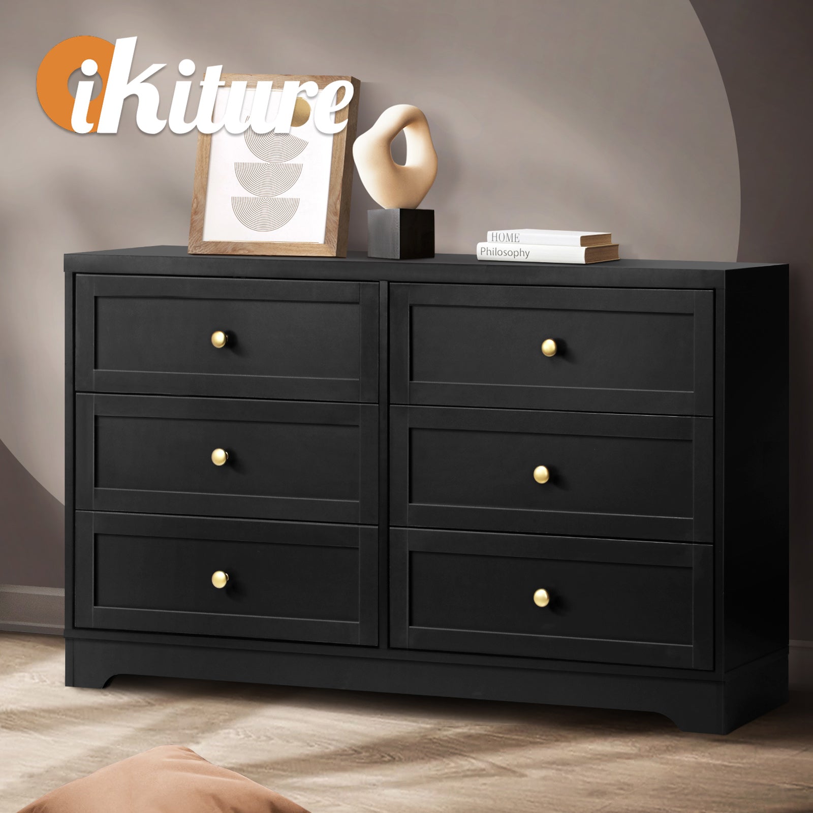 Oikiture 6 Chest of Drawers Tallboy Dresser Table Storage Cabinet Black