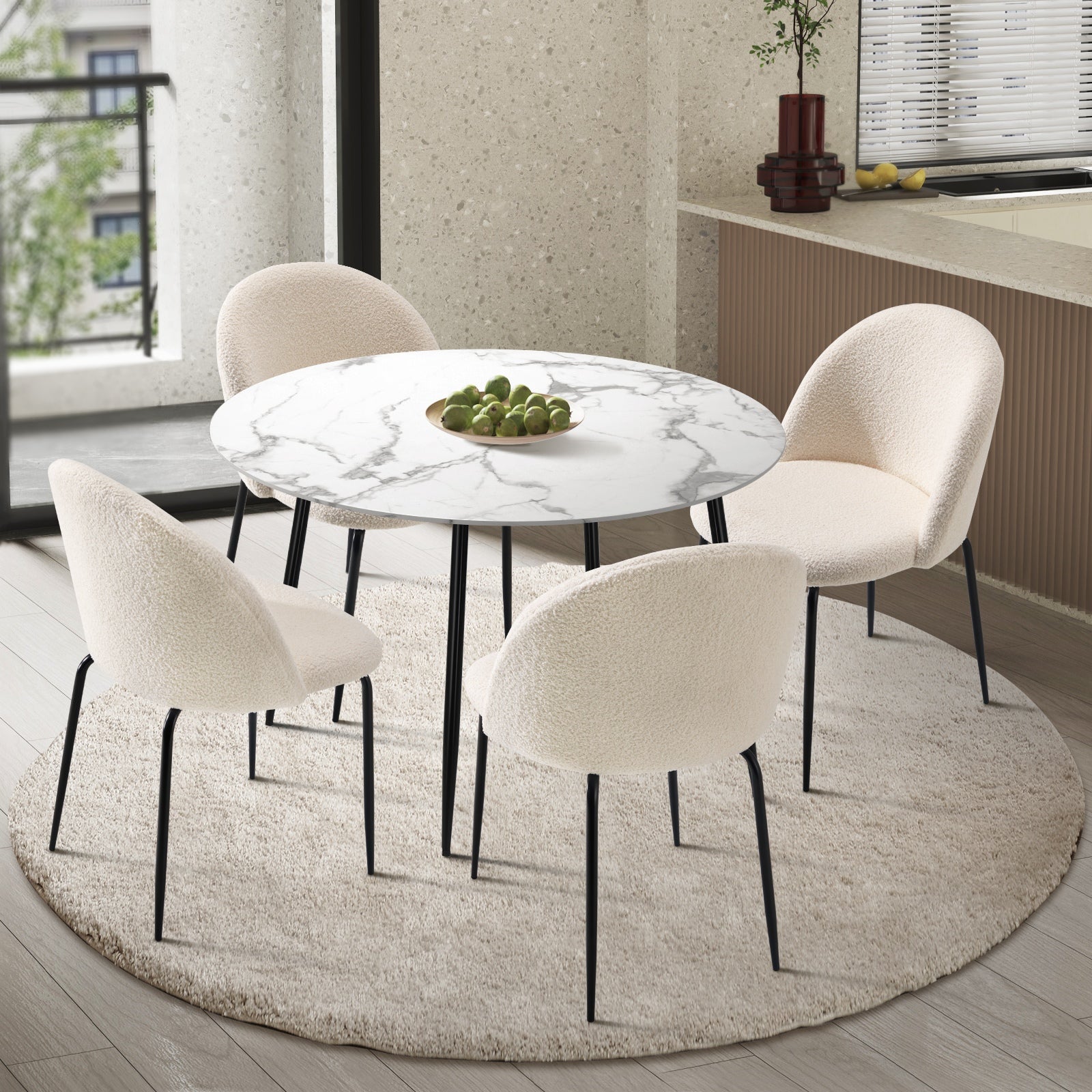 Oikiture 110cm Round Dining Table with 4PCS Dining Chairs White Sherpa