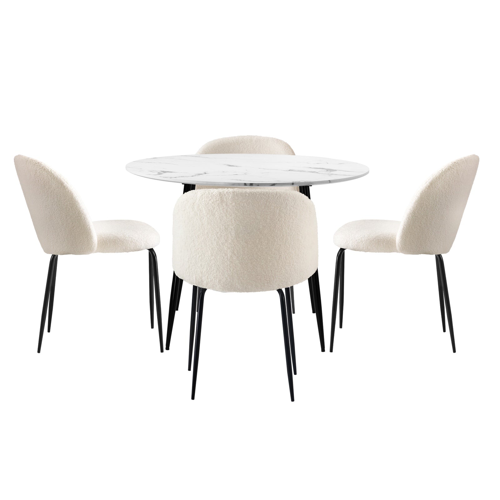 Oikiture 110cm Round Dining Table with 4PCS Dining Chairs White Sherpa