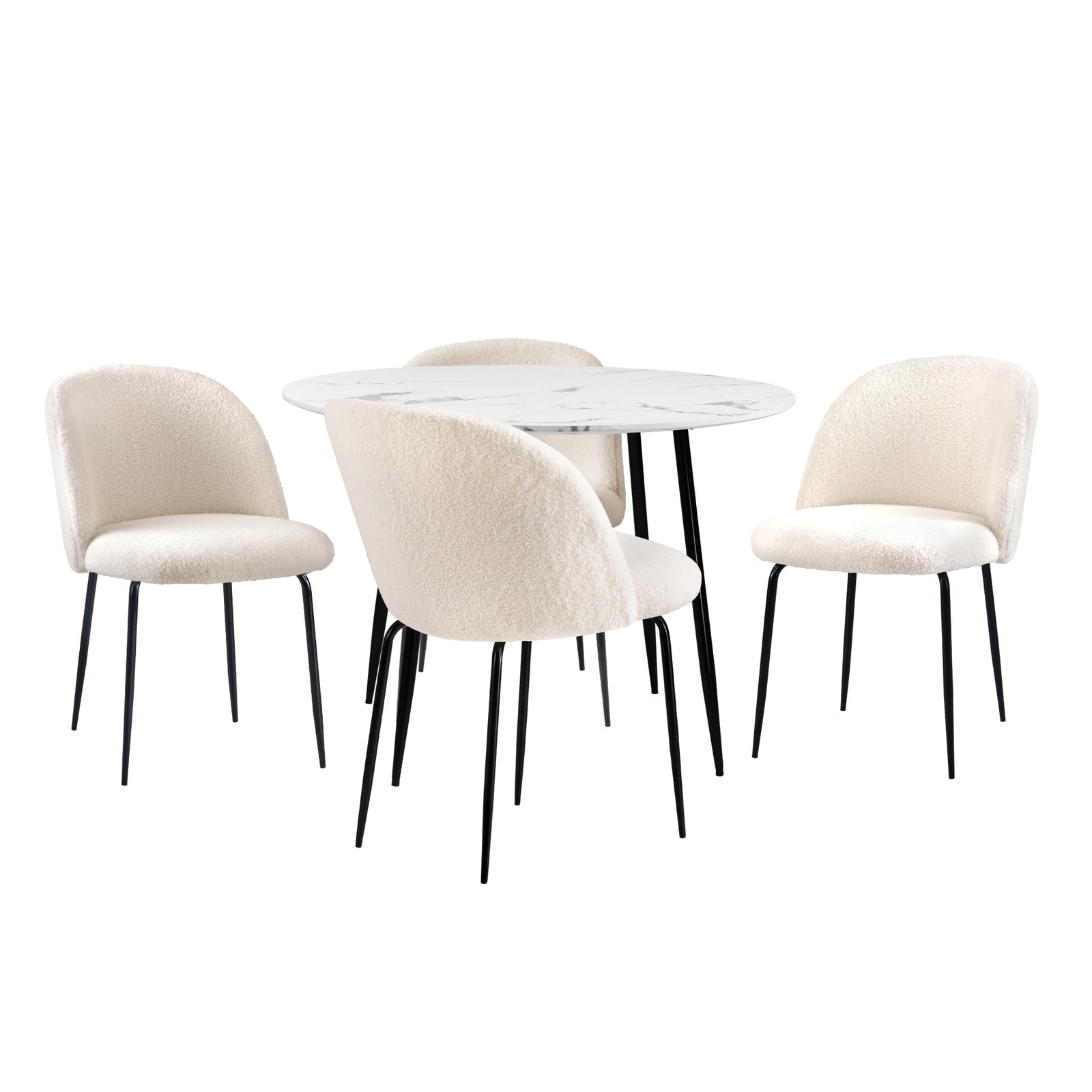 Oikiture 110cm Round Dining Table with 4PCS Dining Chairs White Sherpa