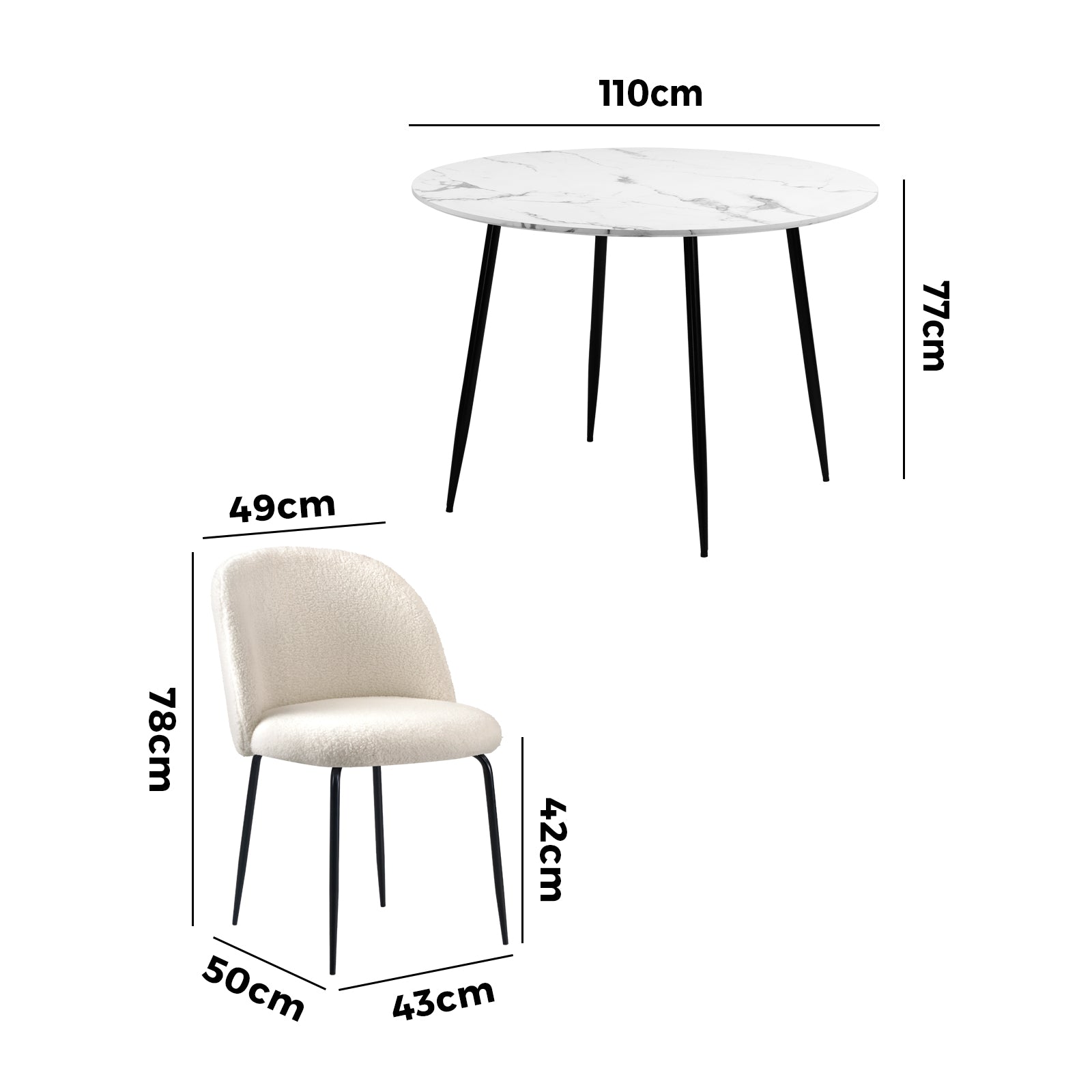 Oikiture 110cm Round Dining Table with 4PCS Dining Chairs White Sherpa