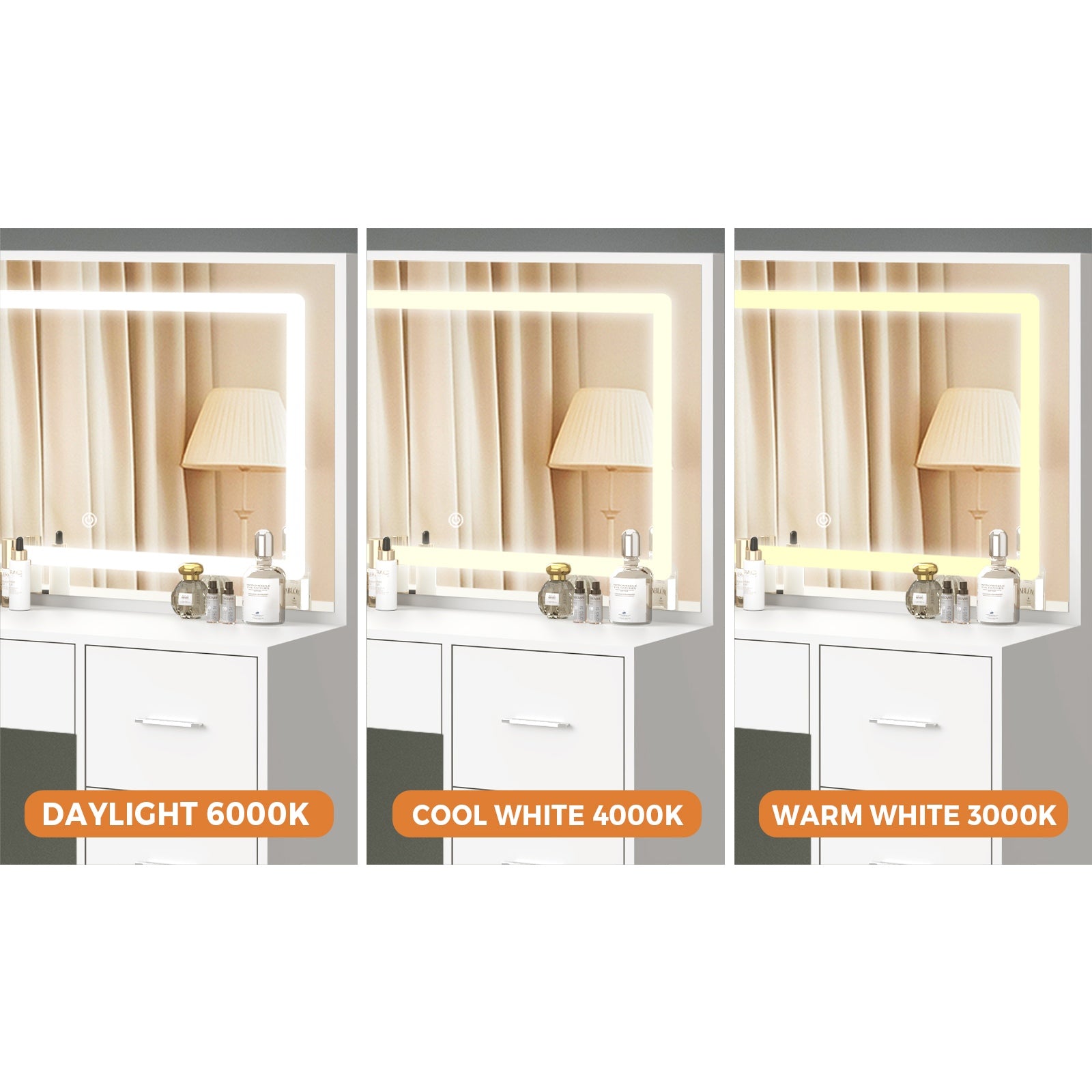 Oikiture Dressing Table Stool Set Large Makeup Mirror LED Light Vanity White