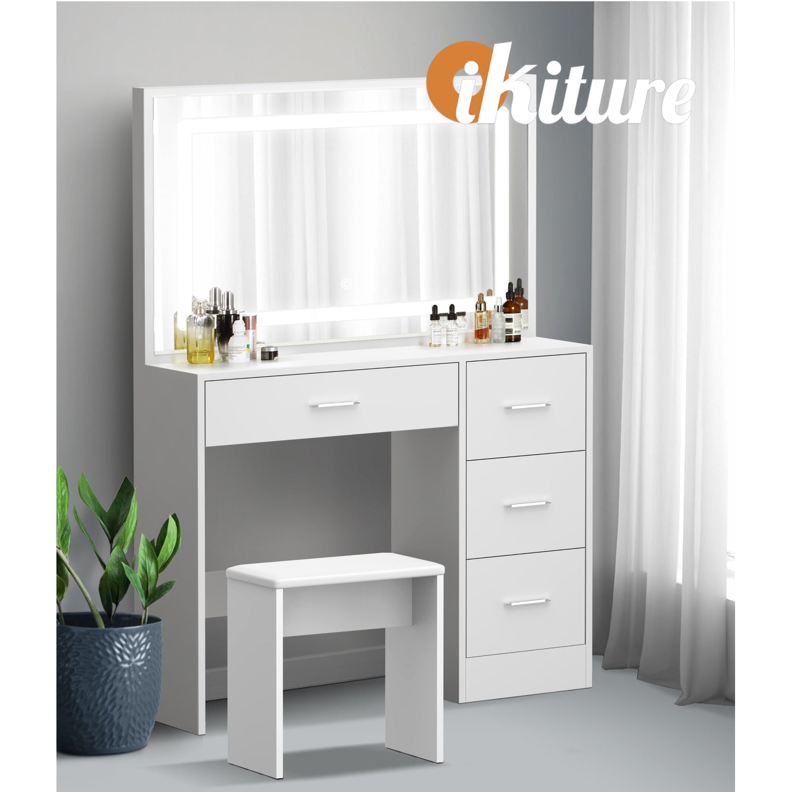 Oikiture Dressing Table Stool Set Large Makeup Mirror LED Light Vanity White