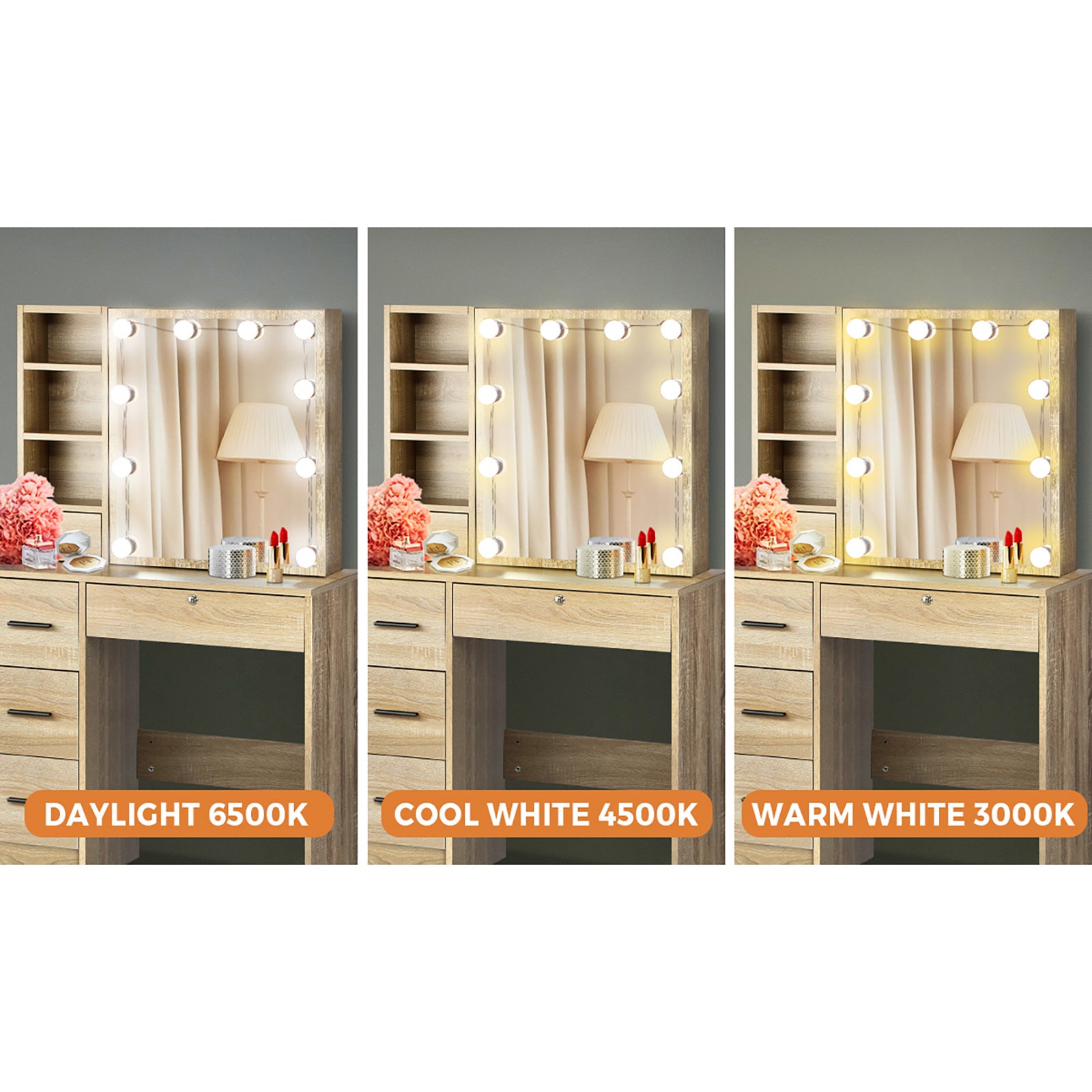 Oikiture Dressing Table Stool Set Makeup Slide Mirror Drawer 10 LED Bulbs Wooden