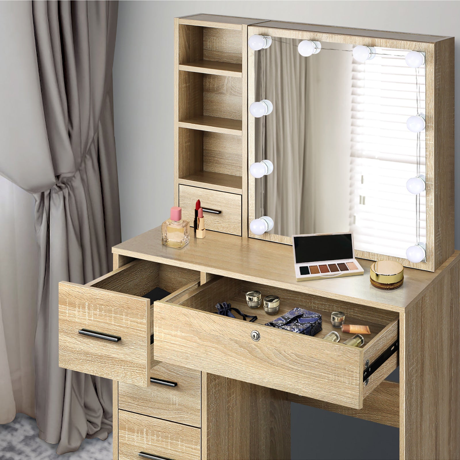 Oikiture Dressing Table Stool Set Makeup Slide Mirror Drawer 10 LED Bulbs Wooden