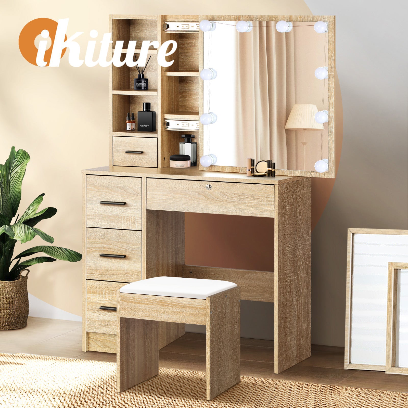 Oikiture Dressing Table Stool Set Makeup Slide Mirror Drawer 10 LED Bulbs Wooden