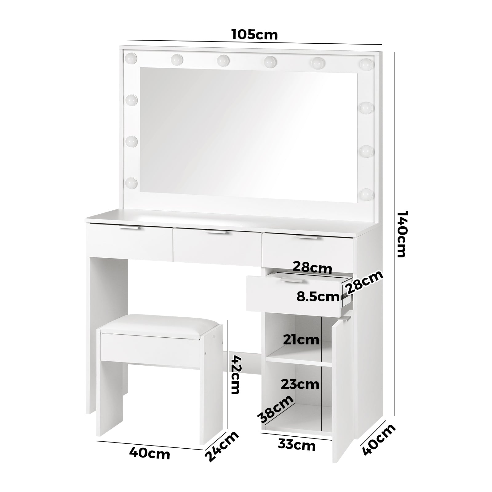 Oikiture Dressing Table Stool Set Makeup Large Mirror Dresser 12 LED Bulbs White