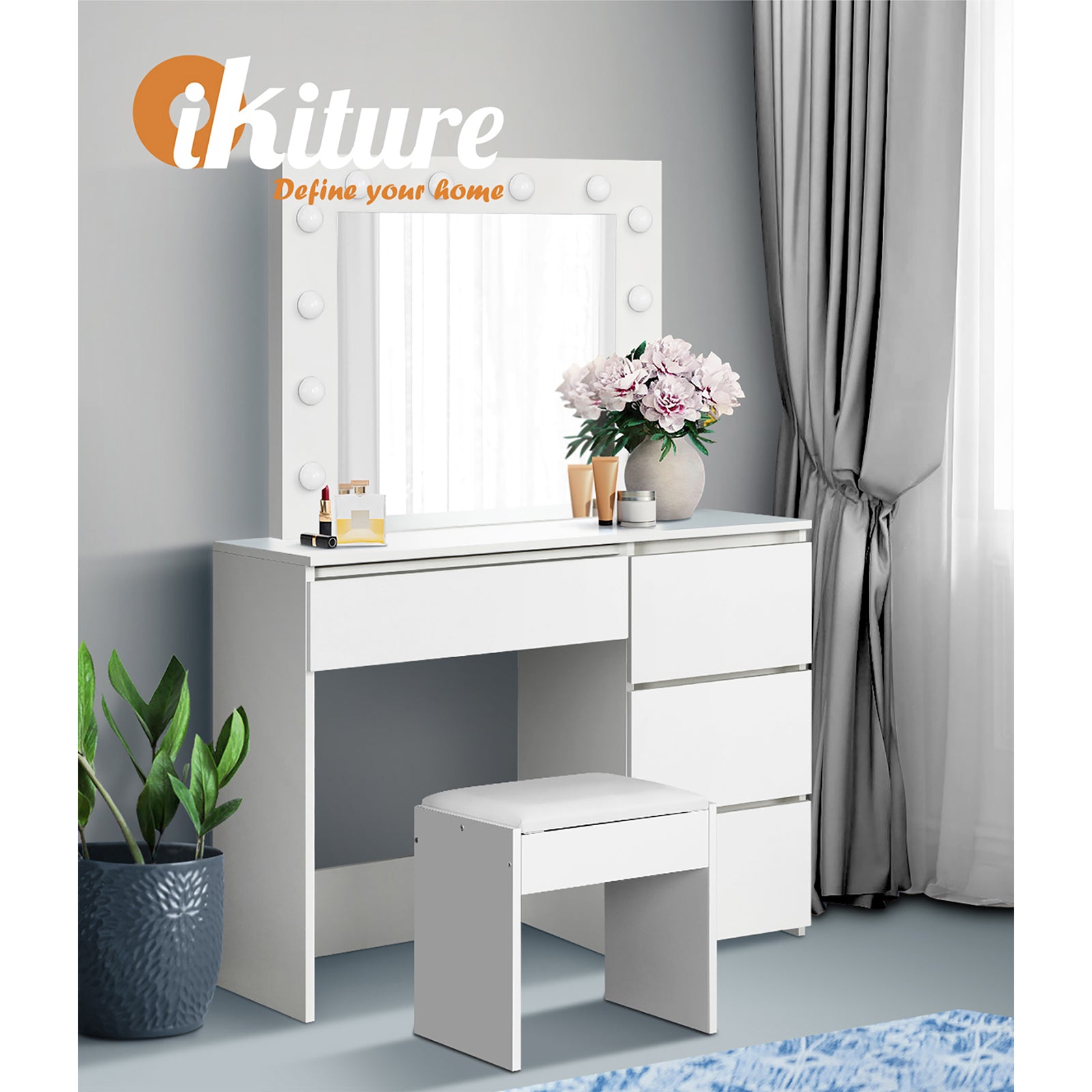 Oikiture Dressing Table Stool Set Makeup Desk Mirror Storage Drawer 12 LED Bulbs