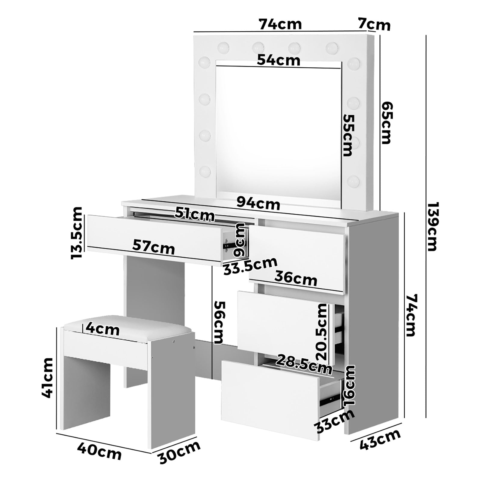 Oikiture Dressing Table Stool Set Makeup Desk Mirror Storage Drawer 12 LED Bulbs