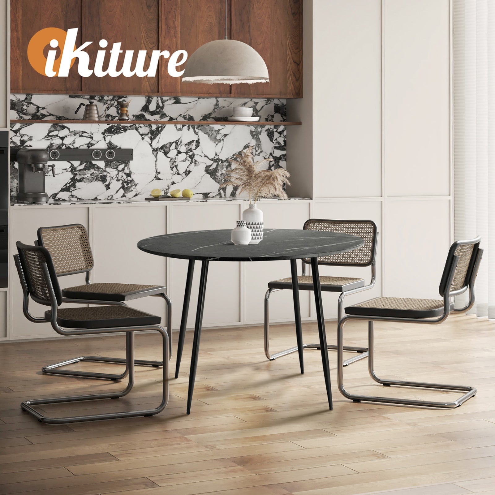 Oikiture 110cm Dining Table Round Wooden Table With Marble Effect Metal Legs GY