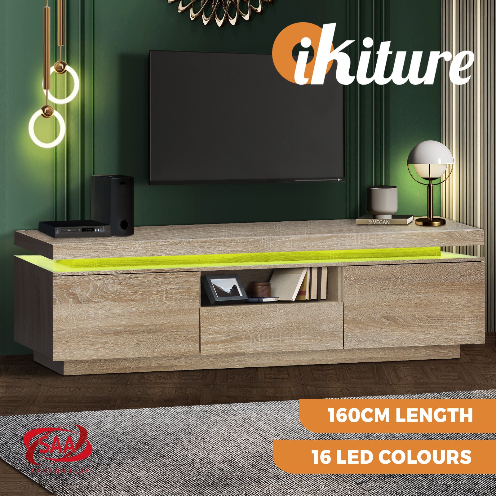 Oikiture TV Cabinet Entertainment Unit Stand RGB LED Furniture Wooden Shelf