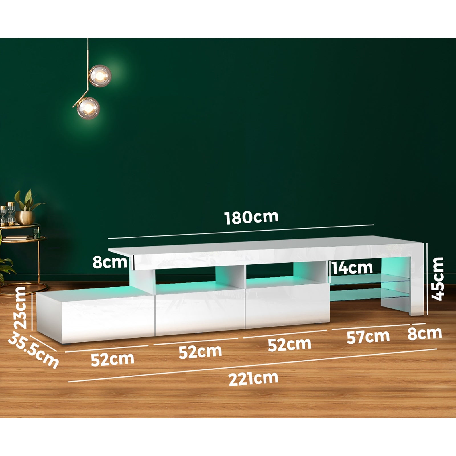 Oikiture TV Stand Cabinet LED Entertainment Unit Gloss Wooden 3 Drawers White