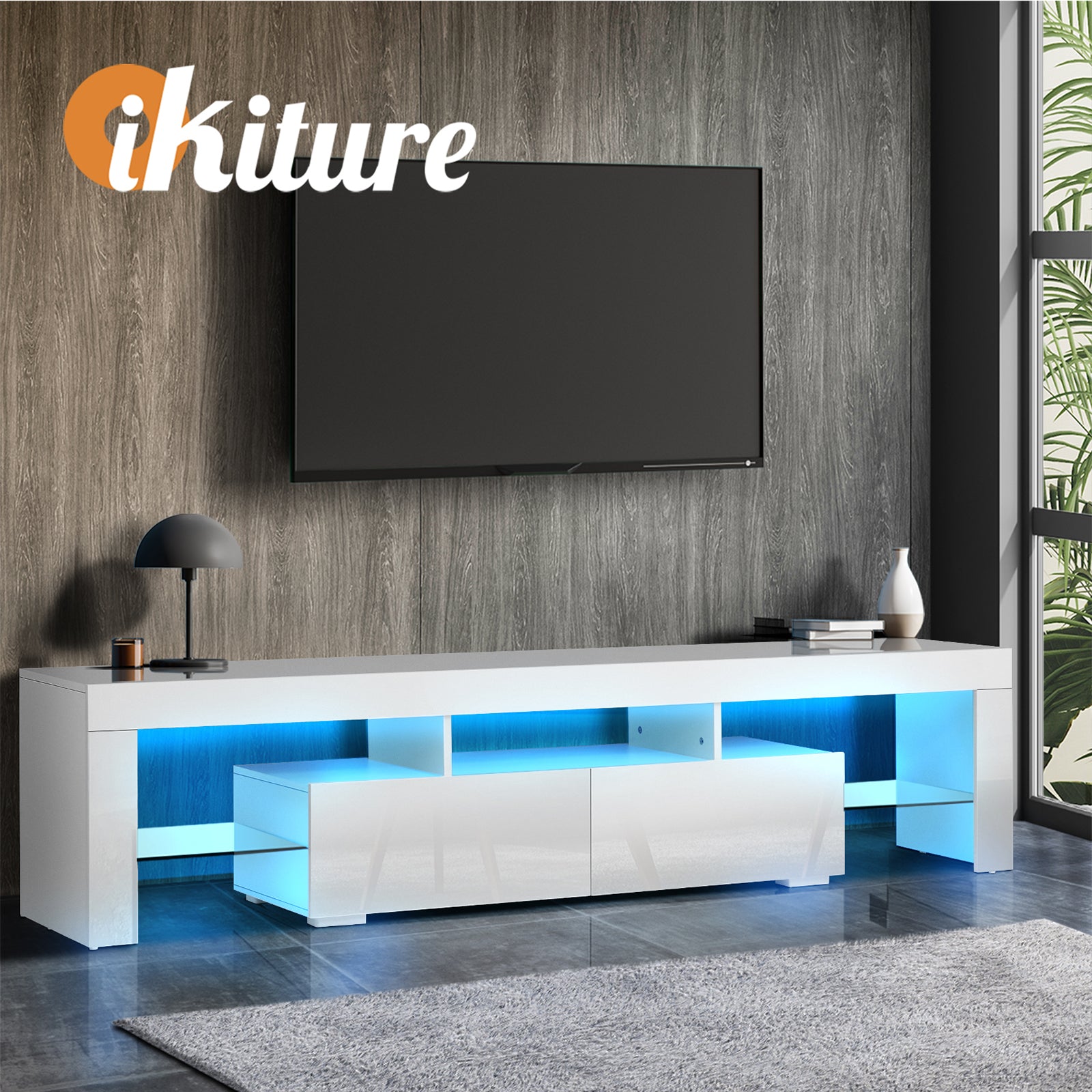 Oikiture TV Cabinet Entertainment Unit Stand LED RGB Gloss Furniture White 180CM