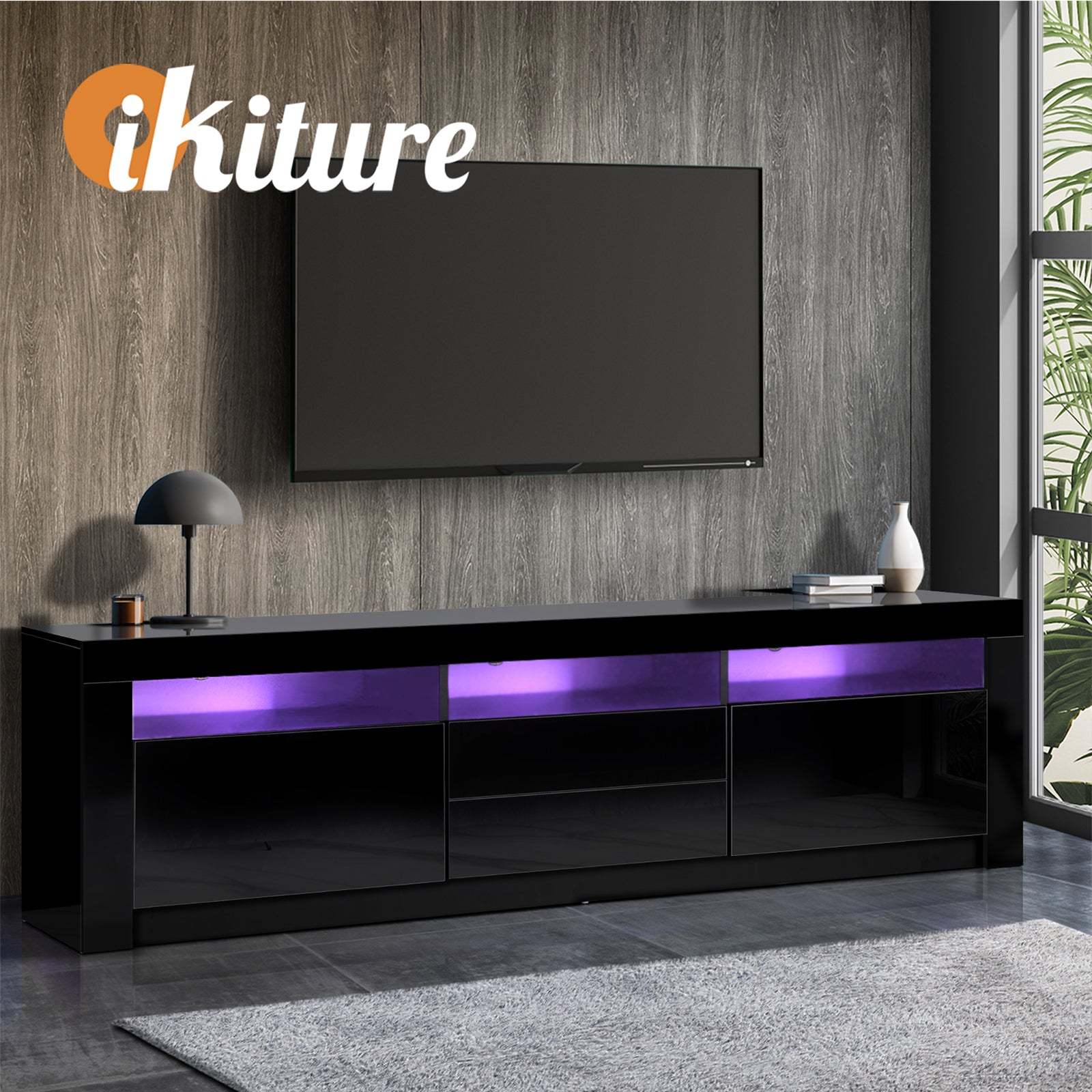 Oikiture TV Cabinet Entertainment Unit Stand RGB LED Gloss Furniture Black 180CM