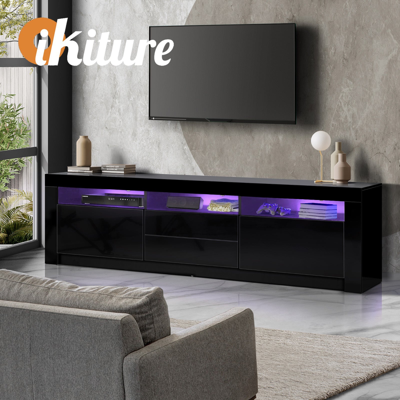 Oikiture TV Cabinet Entertainment Unit Stand RGB LED Gloss Furniture Black 180CM