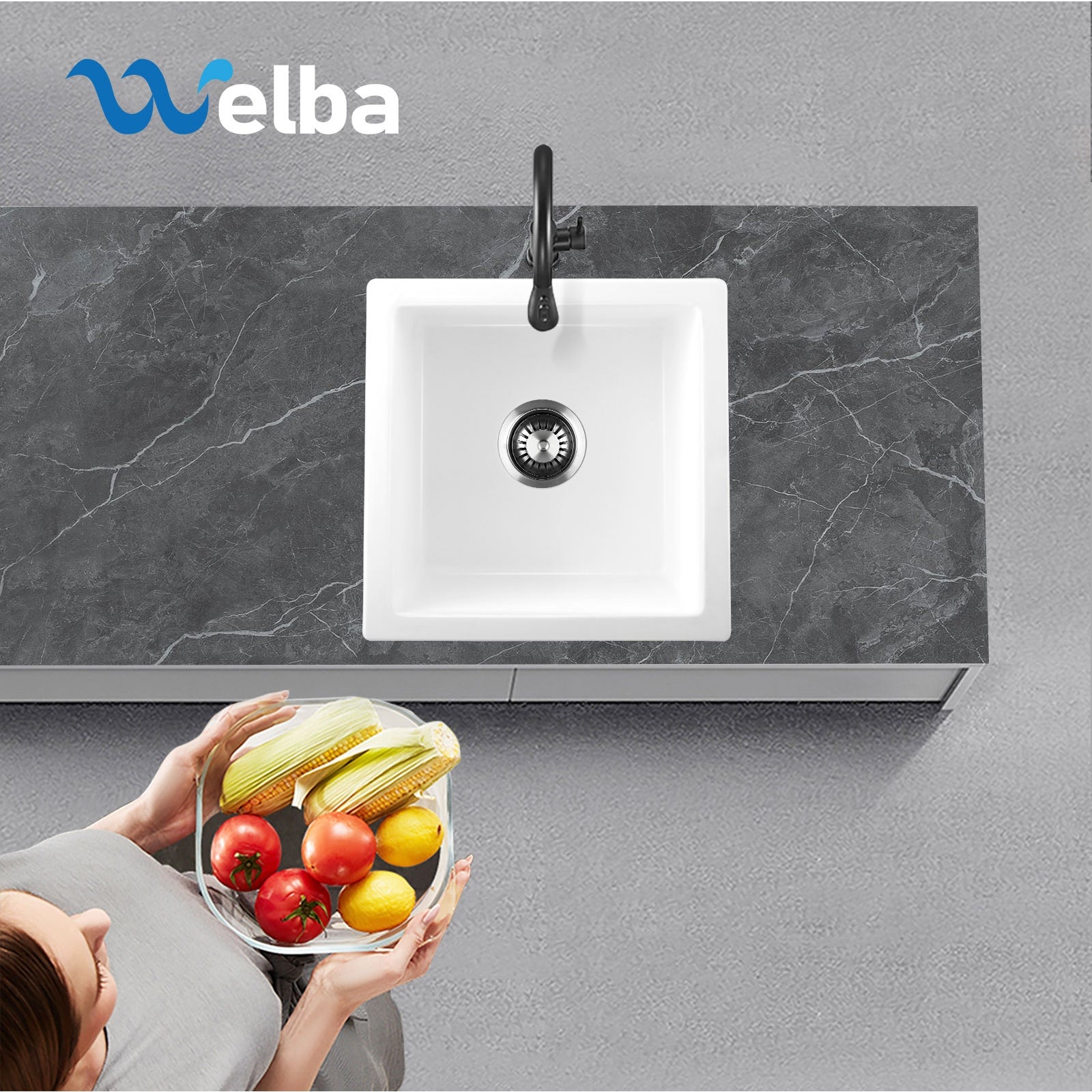 Welba Kitchen Sink Stone Sink Granite Laundry Basin Single Bowl 45cmx45cm White