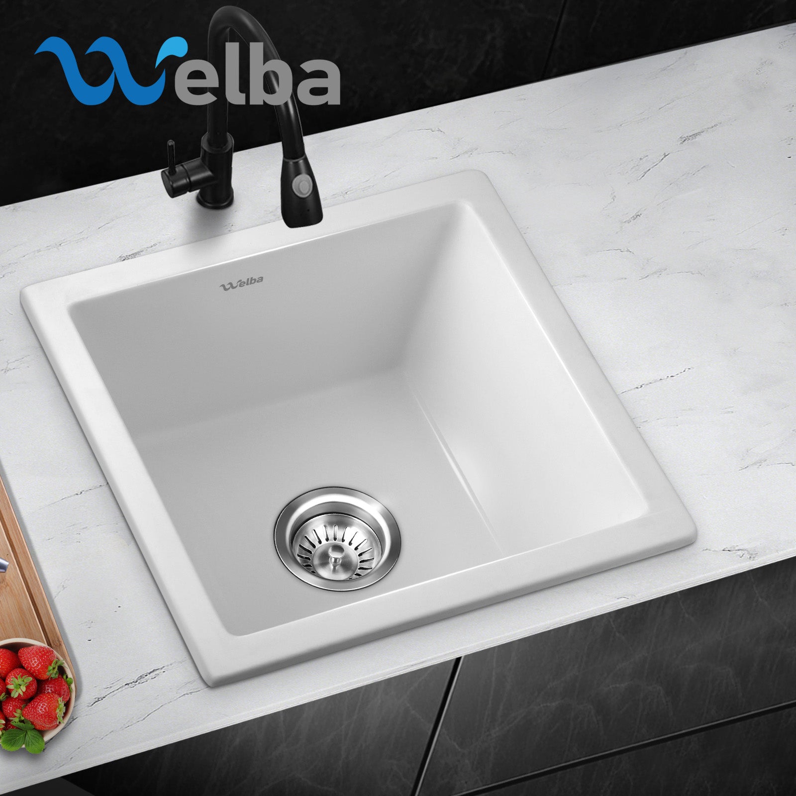 Welba Kitchen Sink Stone Sink Granite Laundry Basin Single Bowl 45cmx45cm White