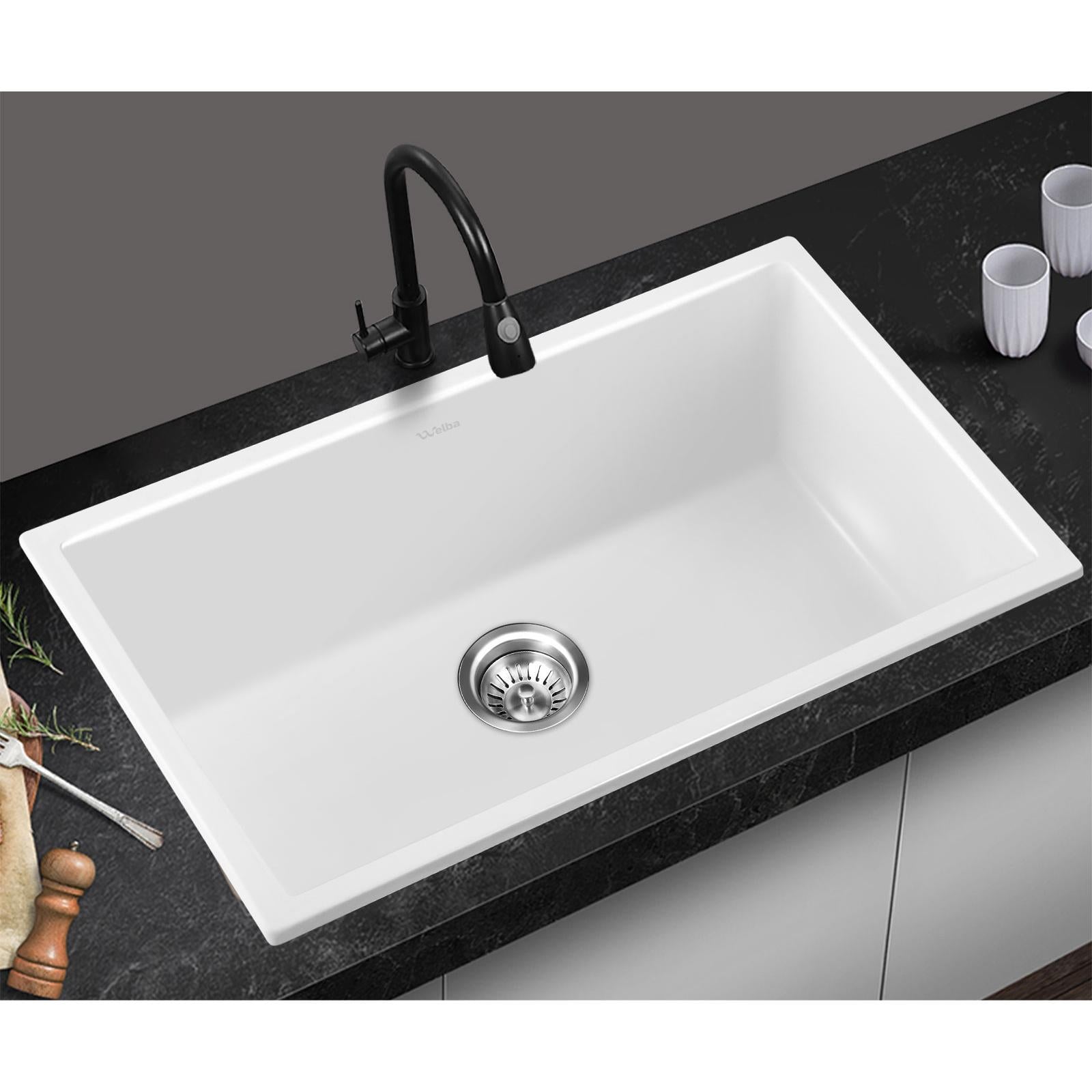 Welba Kitchen Sink 70x45cm Granite Stone Sink Laundry Basin Single Bowl White