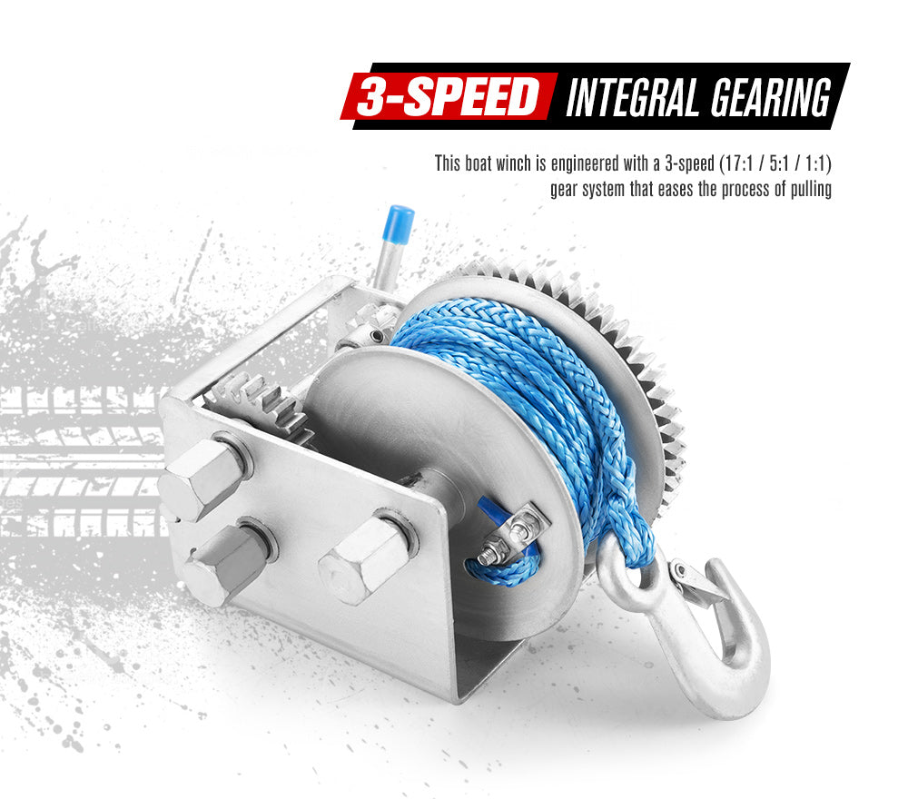 Hand Winch 2000KG/4410LBS 3 Speed Dyneema Synthetic Rope Boat Car Marine 10M