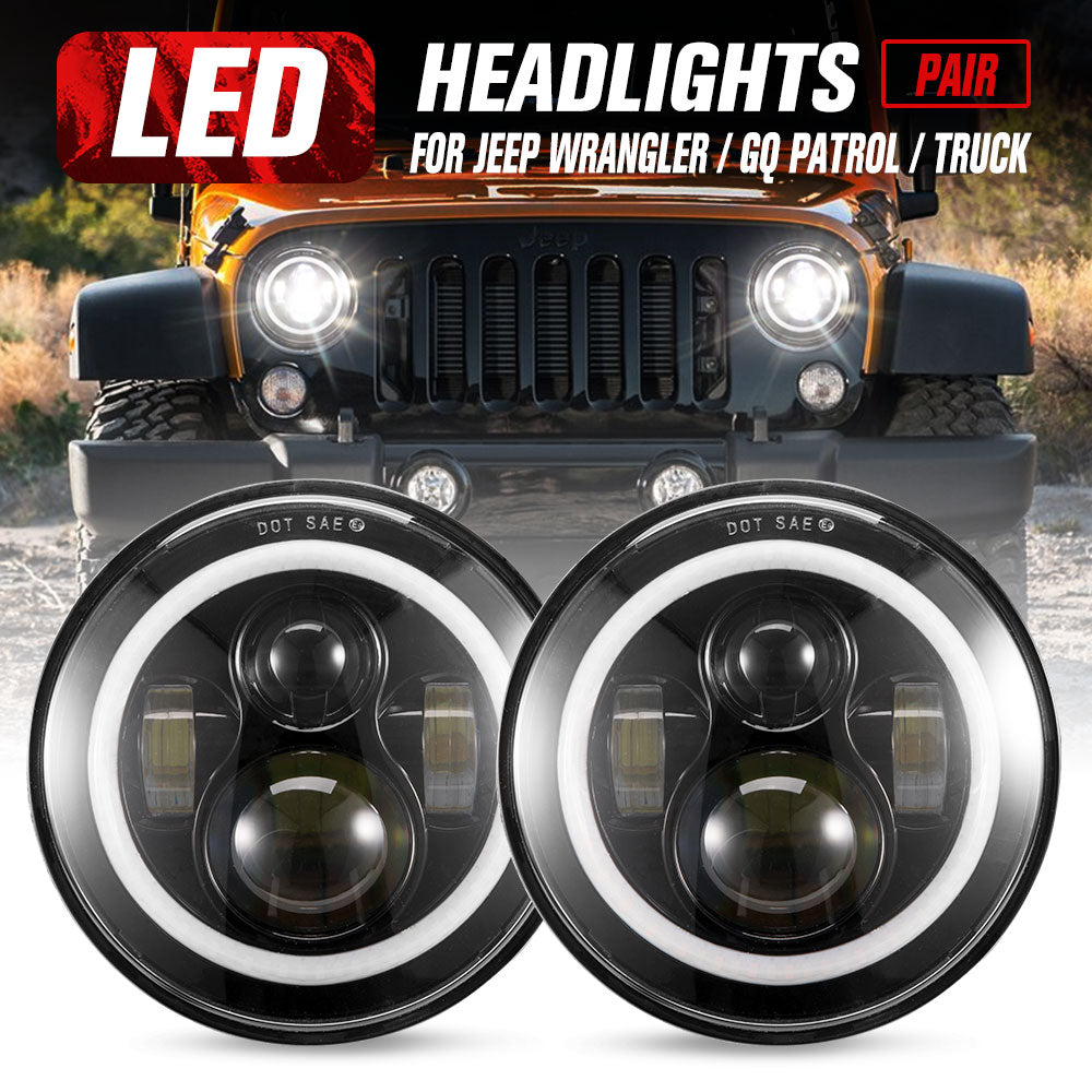 2x 7inch LED Headlights Hi-Lo Halo Angel Eyes for Jeep Wrangler GQ Patrol Truck