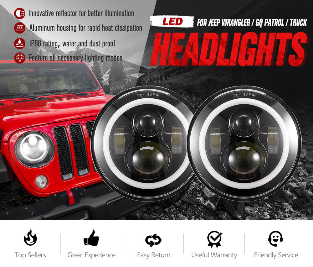 2x 7inch LED Headlights Hi-Lo Halo Angel Eyes for Jeep Wrangler GQ Patrol Truck