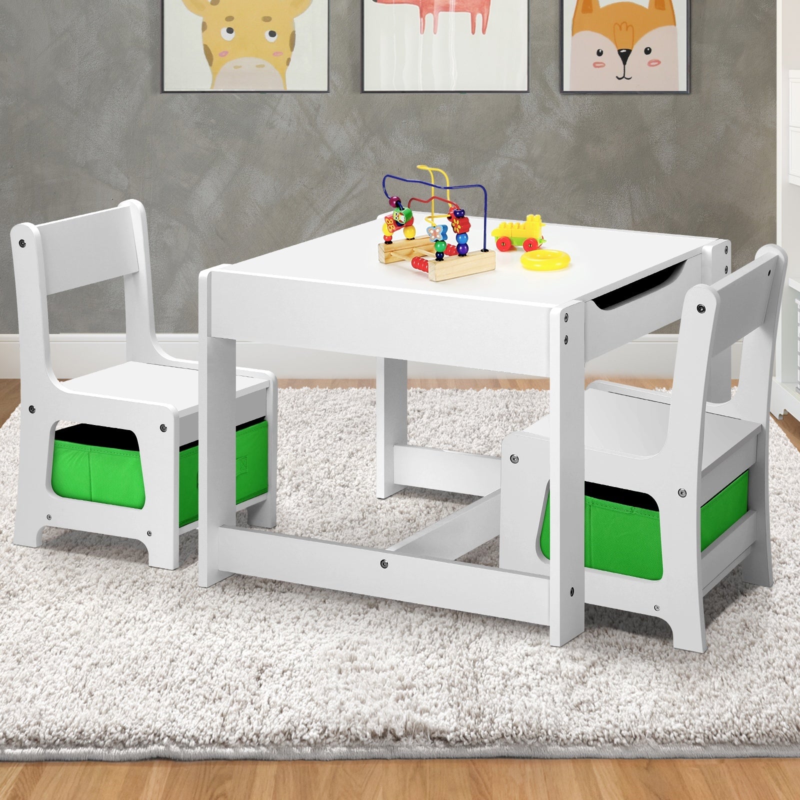 Oikiture Kids Table and Chair Set Storage Box Toys Wooden Play Activity Desk Stu