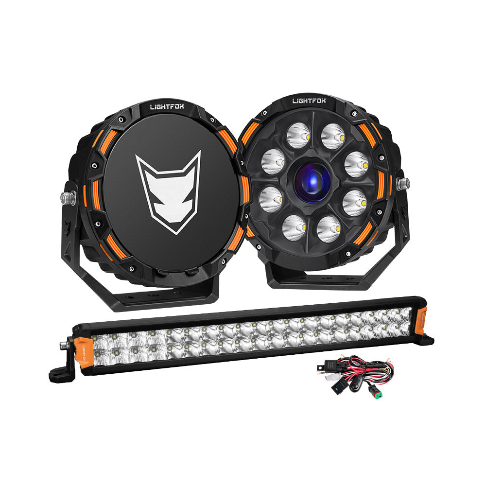 Lightfox 9 inch Osram Laser LED Driving Lights + 20 inch Dual Row LED Light Bar + Wiring Kit