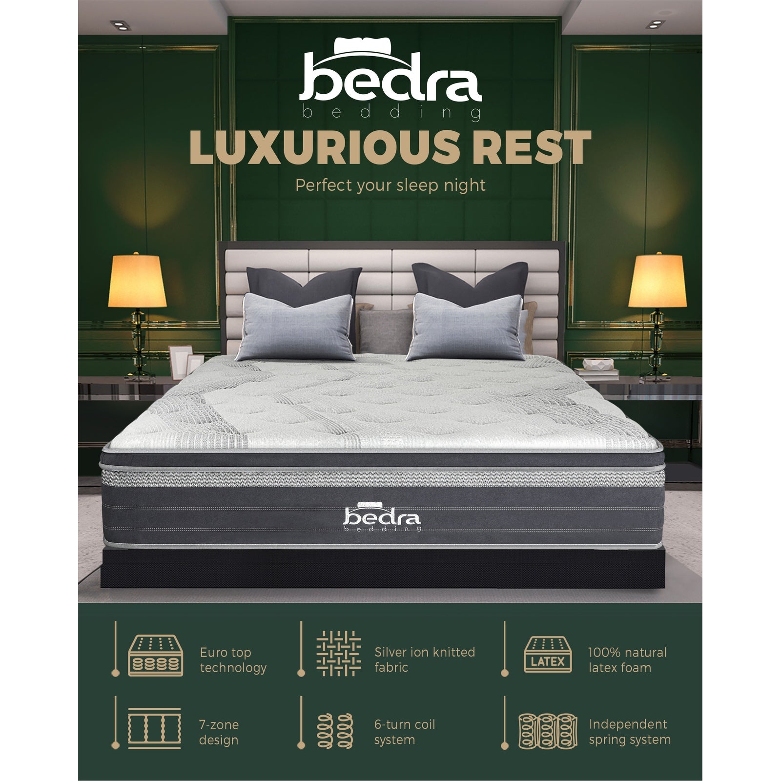 Bedra Queen Mattress Breathable Spring Euro Top Natural Latex Foam 36cm 7 zone