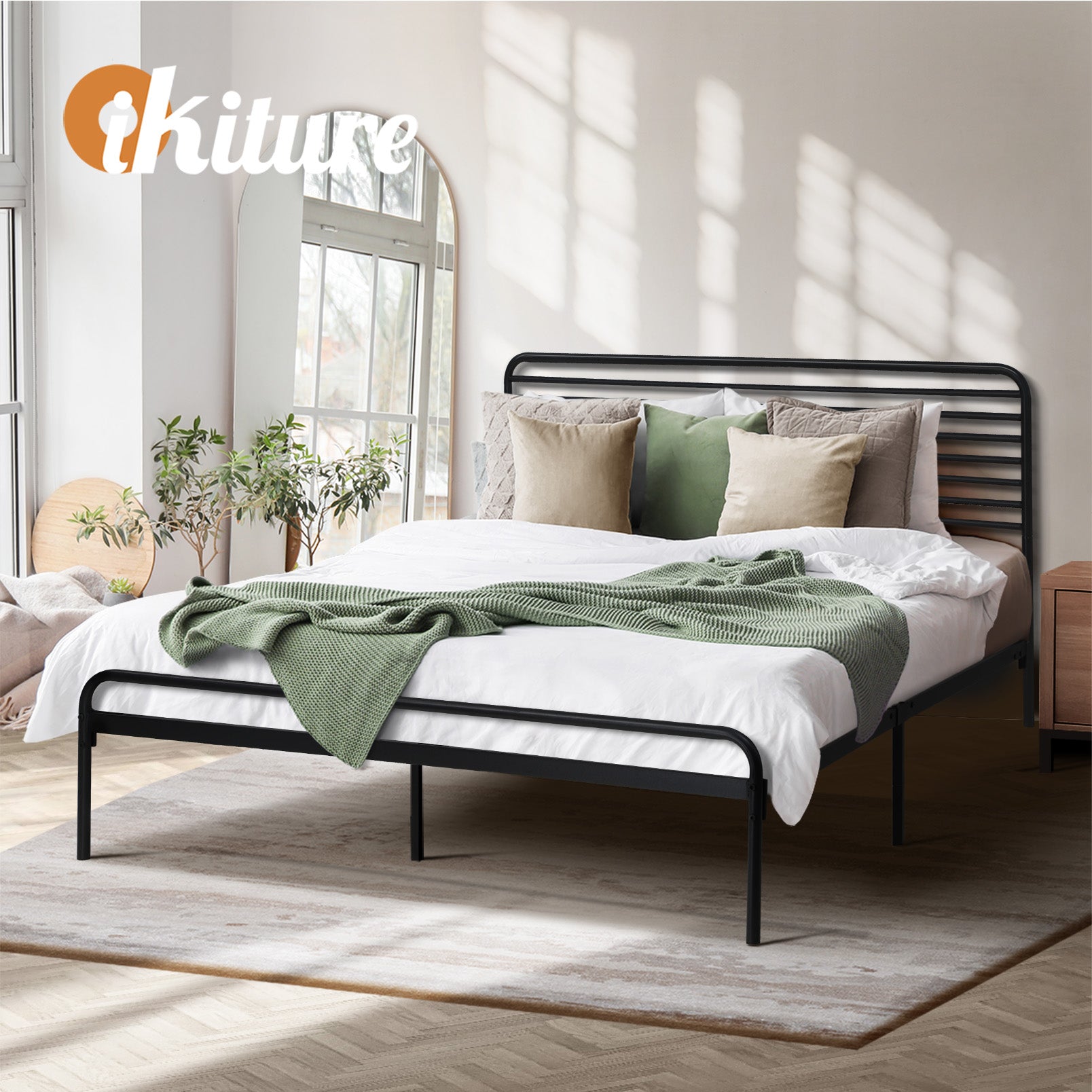 Oikiture Metal Bed Frame Queen Size Bed Base Platform