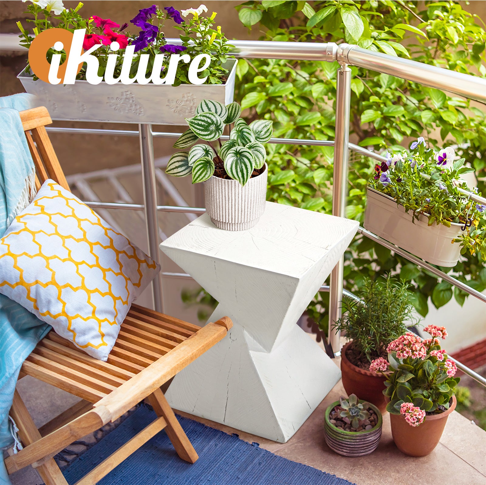 Oikiture Side Table Coffee Bedside End Stool Stand Terrazzo Stone Outdoor White