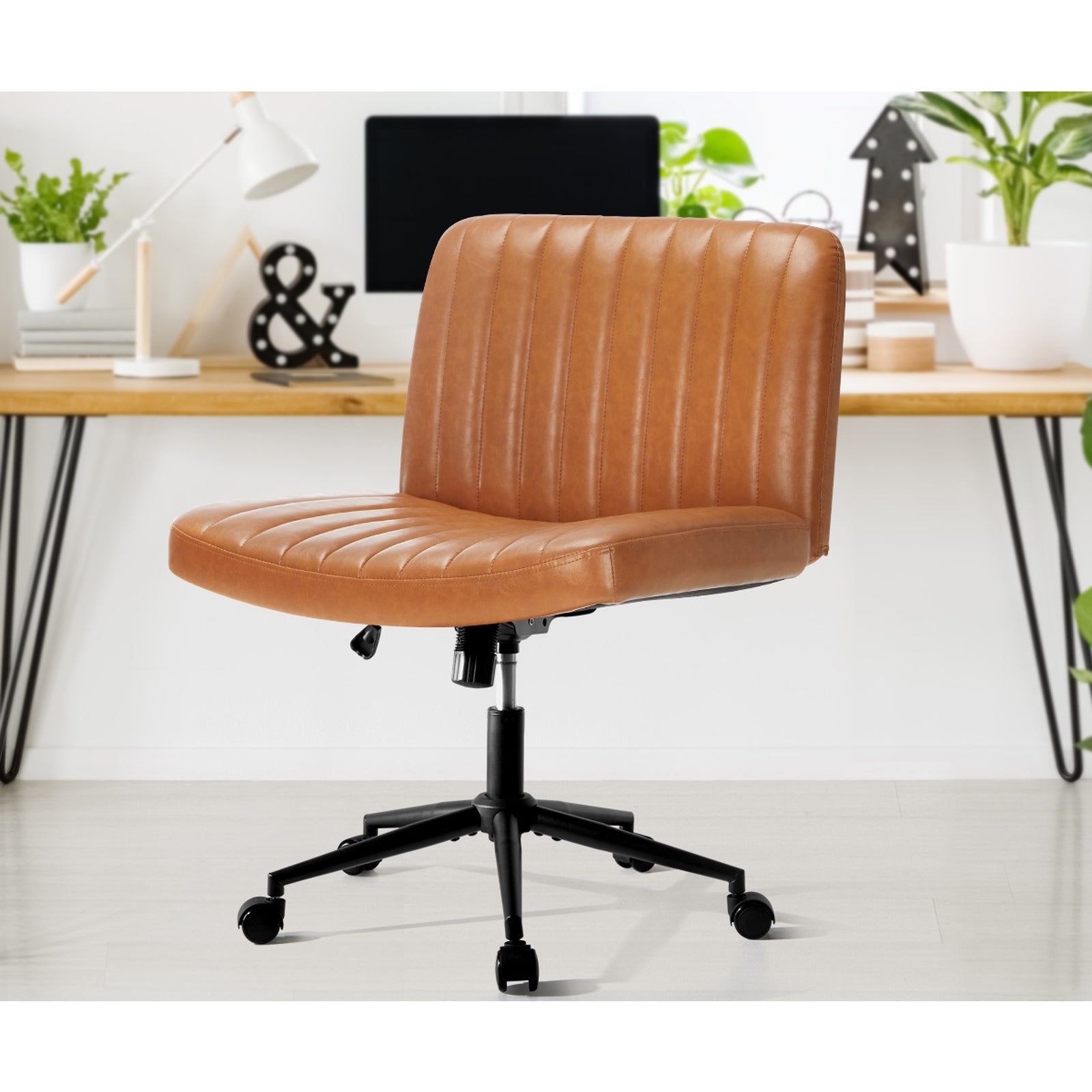 Oikiture Mid Back Armless Office Desk Chair Wide Seat with Wheels Leather Brown