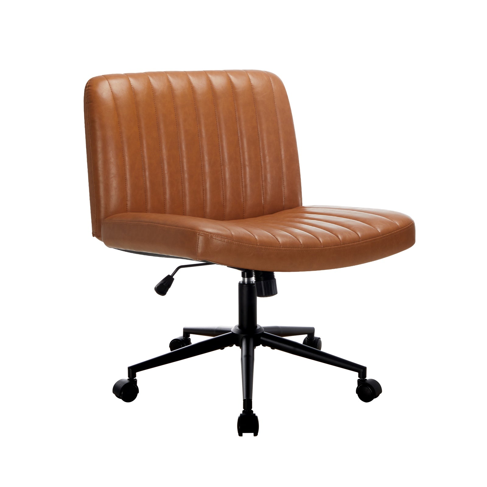 Oikiture Mid Back Armless Office Desk Chair Wide Seat with Wheels Leather Brown