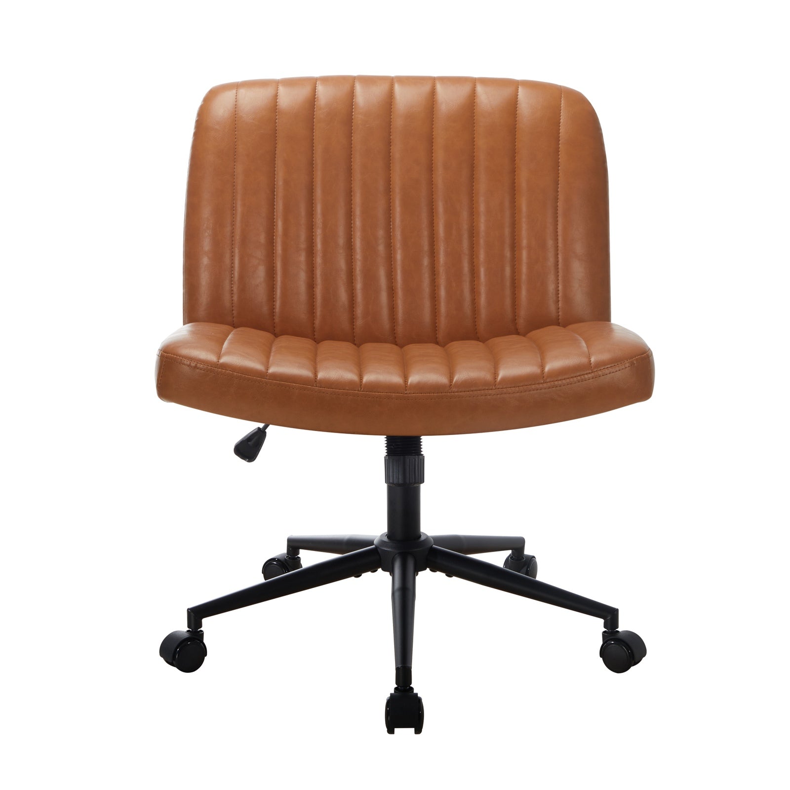 Oikiture Mid Back Armless Office Desk Chair Wide Seat with Wheels Leather Brown